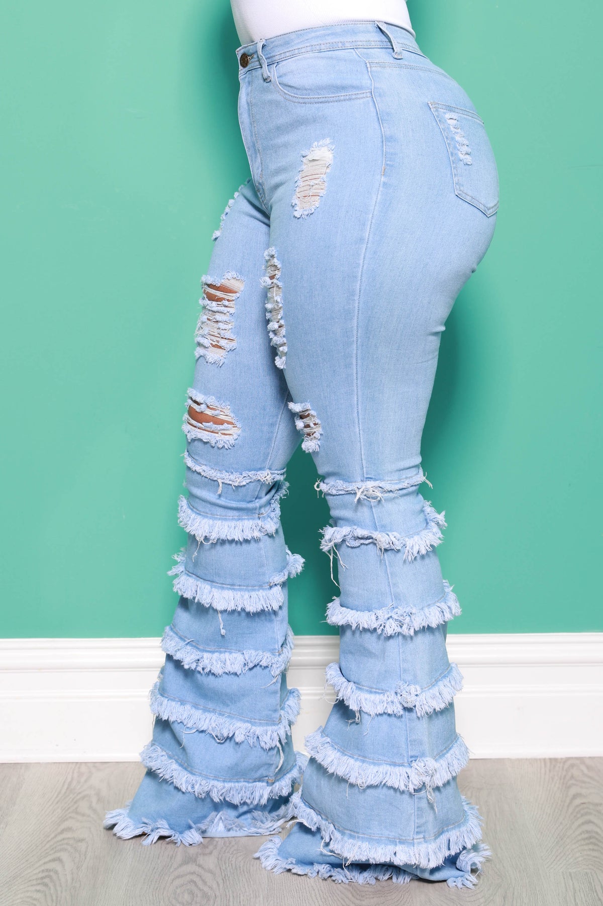 Promise Frayed High Rise Stretchy Flare Jeans - Light Wash - Swank A Posh