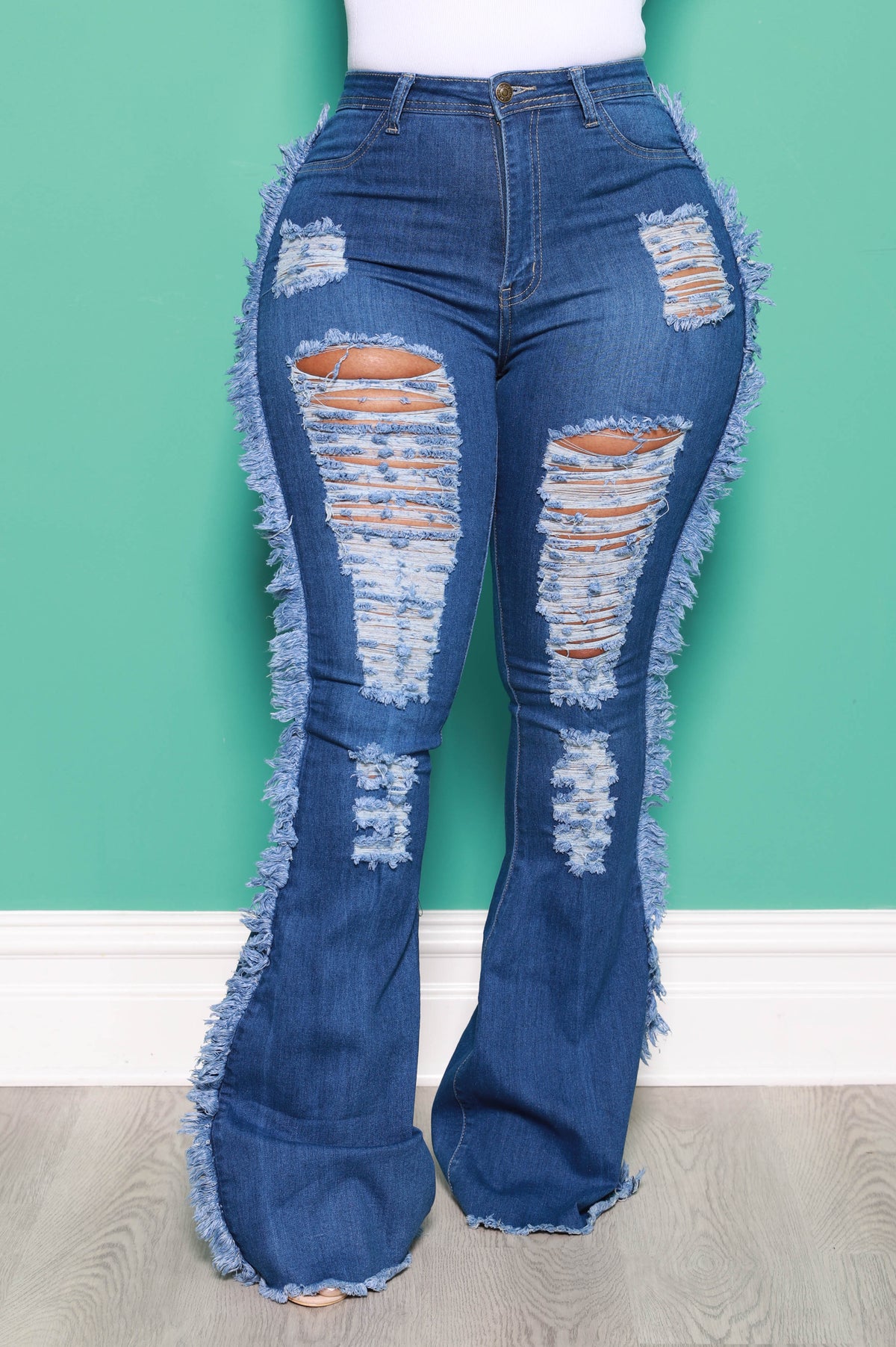 Fate High Rise Distressed Flare Jeans - Mid Wash - Swank A Posh