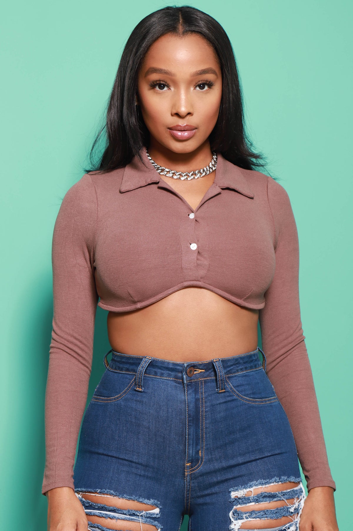 Check Please Button Up Crop Top - Brown - Swank A Posh