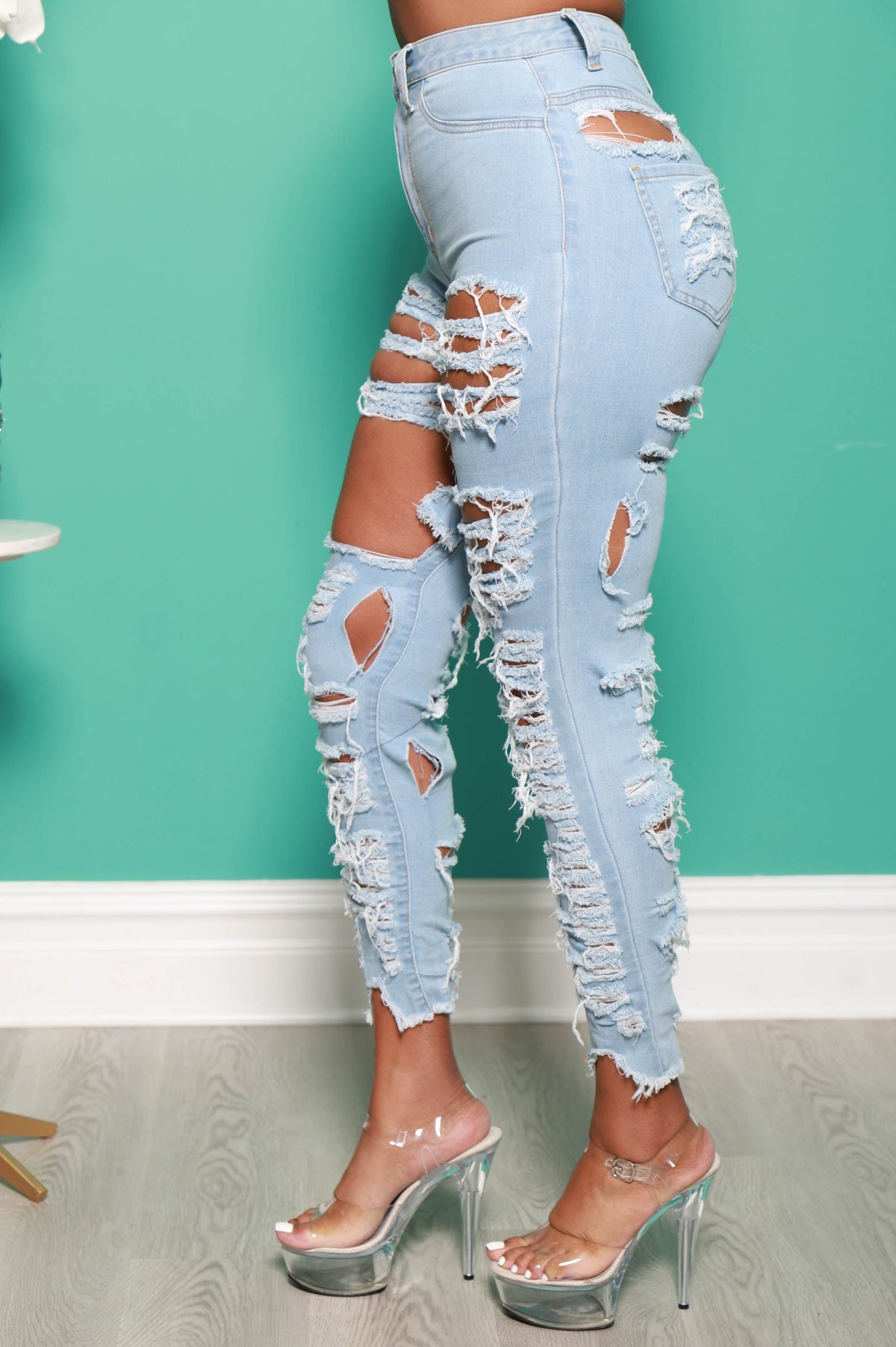 I&#39;m Down High Rise Ultra Distressed Skinny Jeans - Light Wash - Swank A Posh