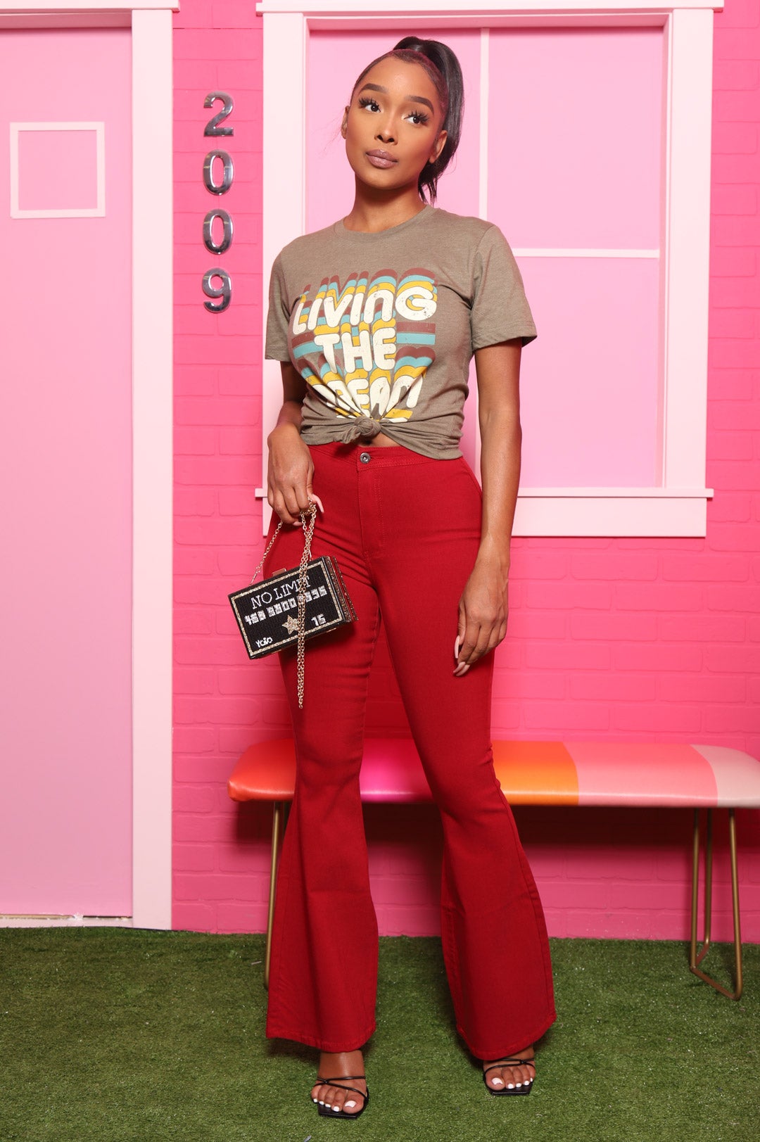 Major High Rise Flare Stretchy Jeans - Burgundy - Swank A Posh