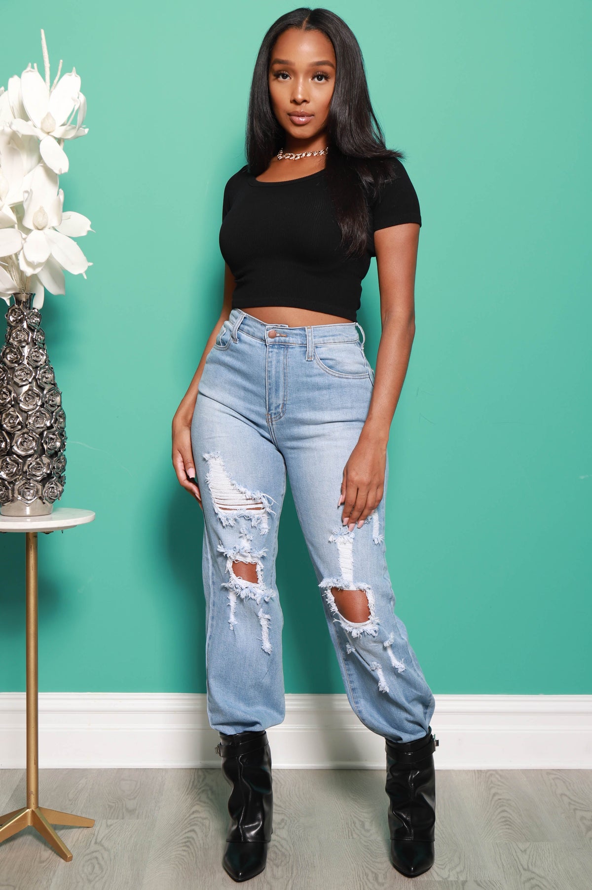 Breaking Hearts High Waist Distressed Mom Jeans - Medium Wash - Swank A Posh