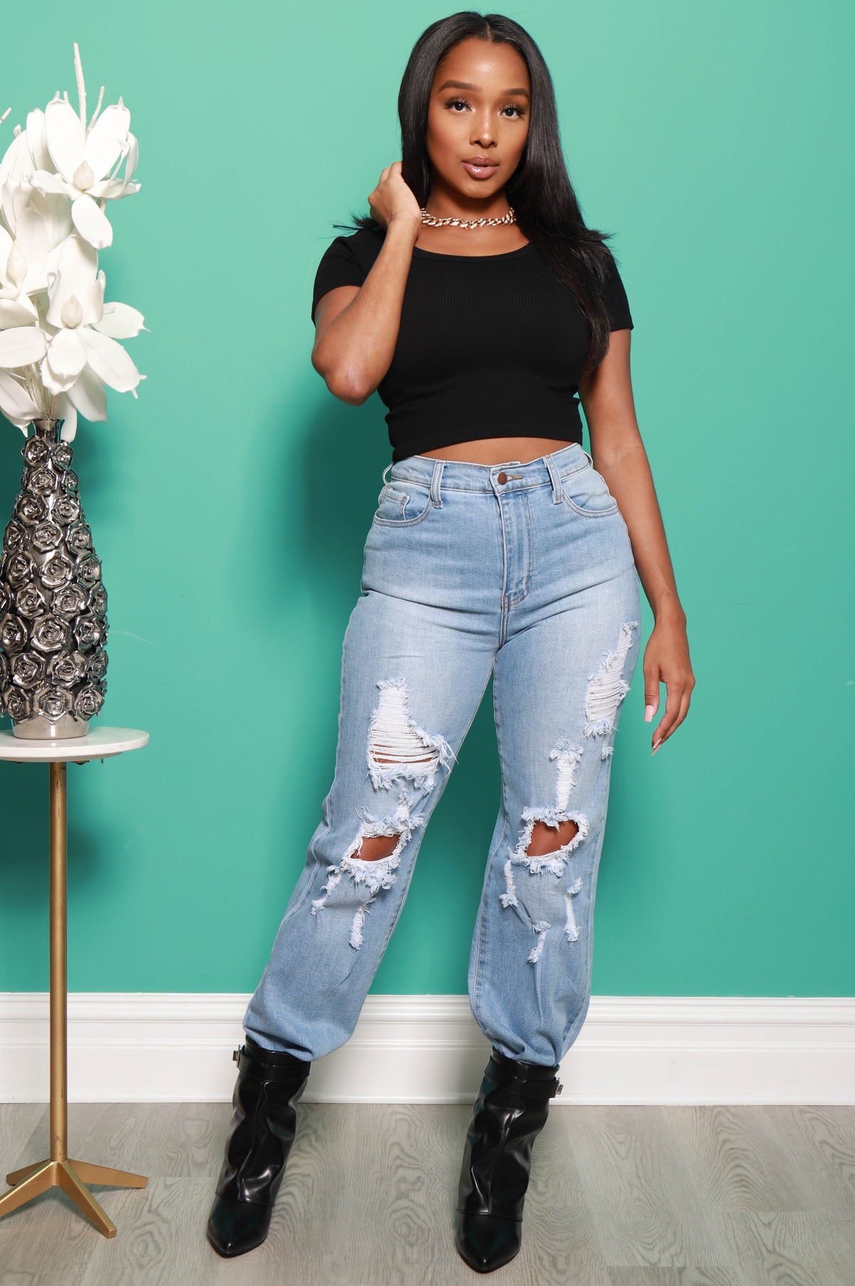Breaking Hearts High Waist Distressed Mom Jeans - Medium Wash - Swank A Posh