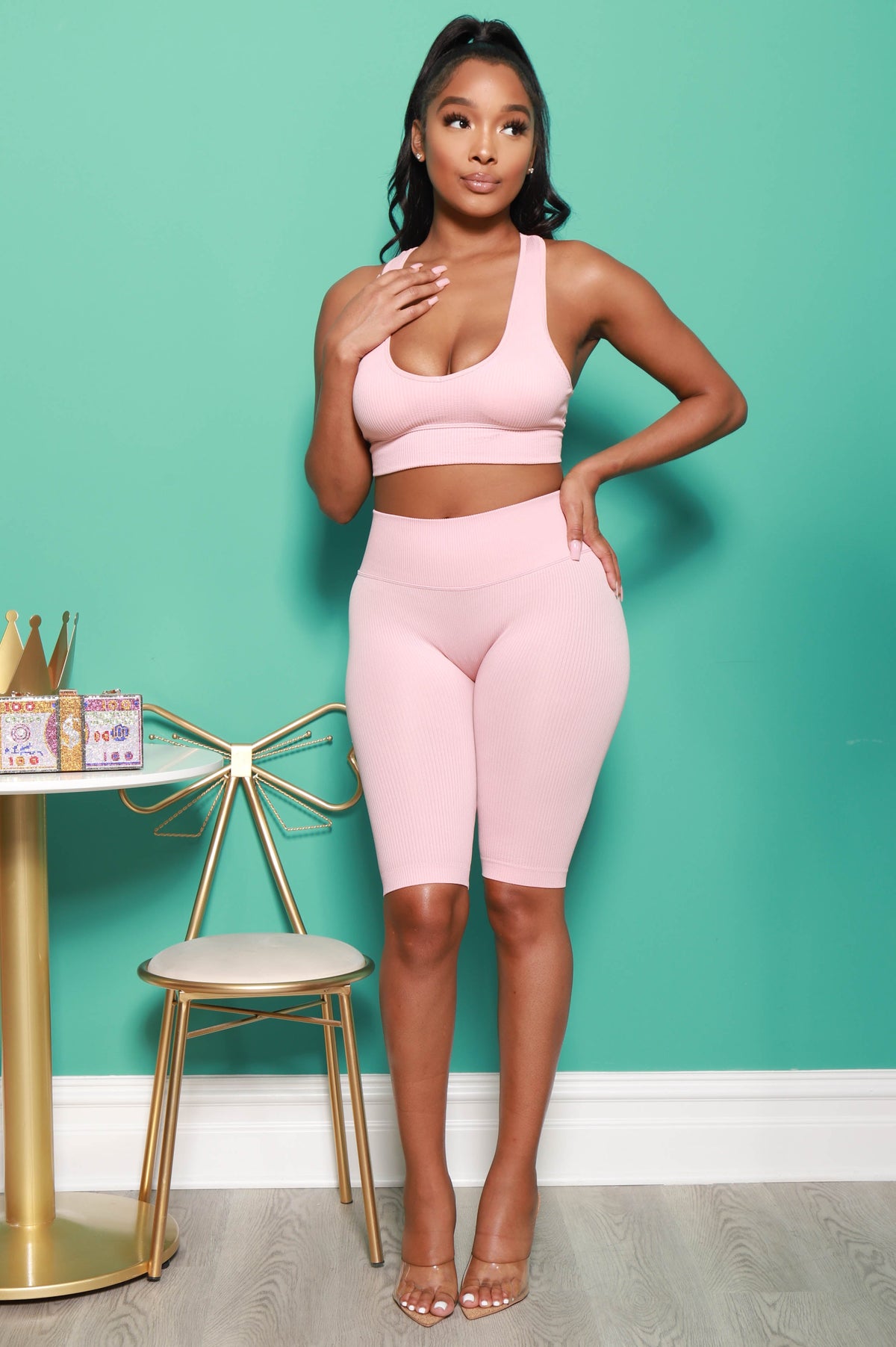 Give Me More Ribbed Racerback Set - Pale Pink - Swank A Posh