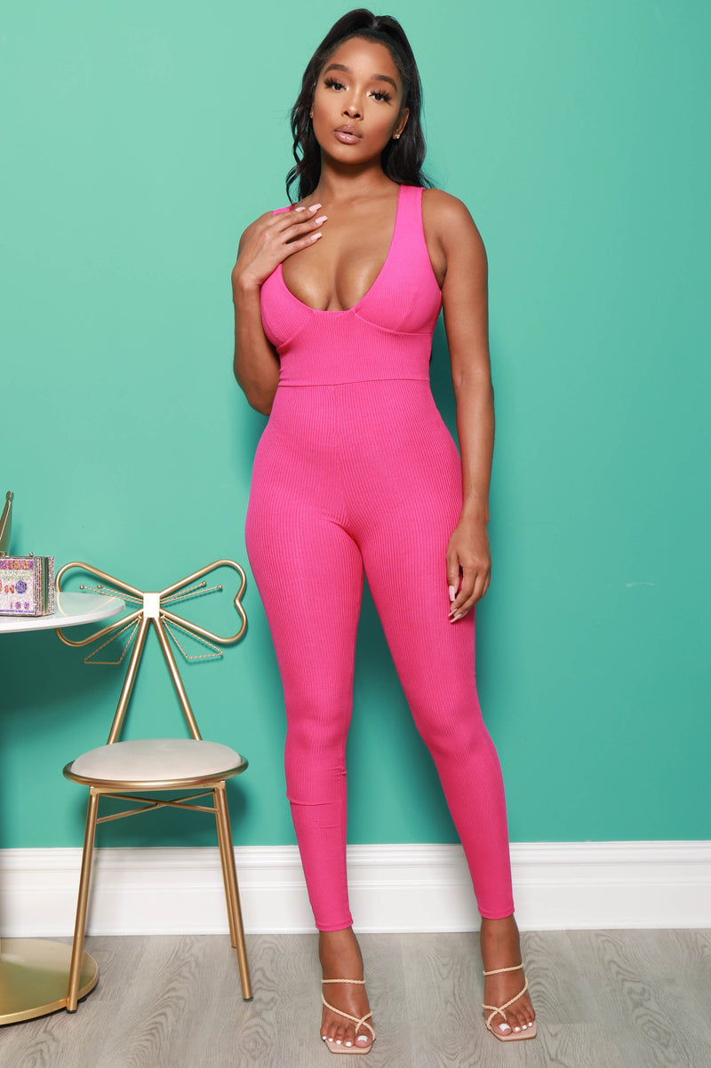 Point of View Ribbed Jumpsuit - Fuchsia