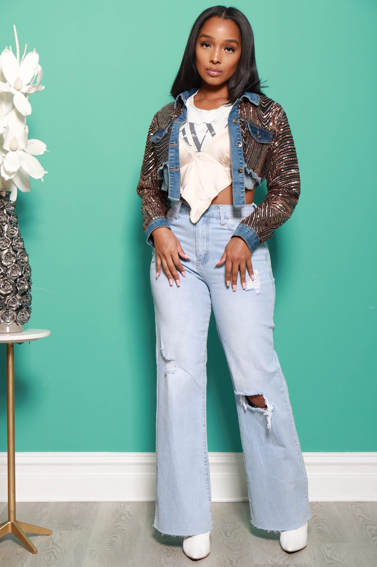 Embellish Champagne Sequin Denim Bomber Jacket - Swank A Posh