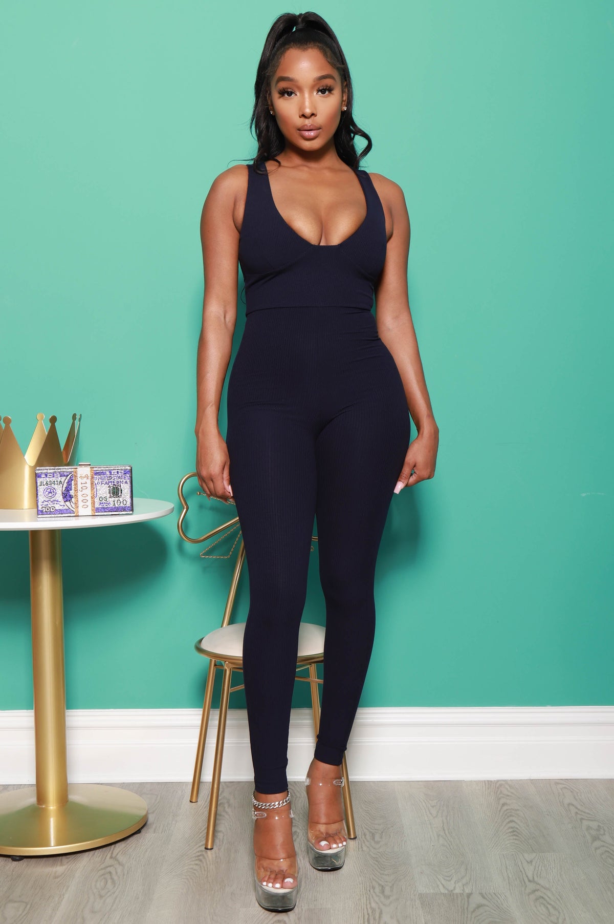 Point of View Ribbed Jumpsuit - Navy - Swank A Posh