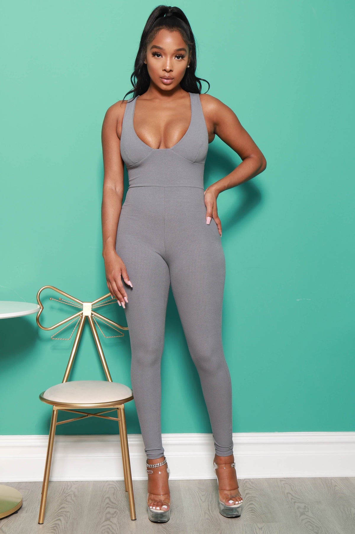 Point of View Ribbed Jumpsuit - Grey - Swank A Posh