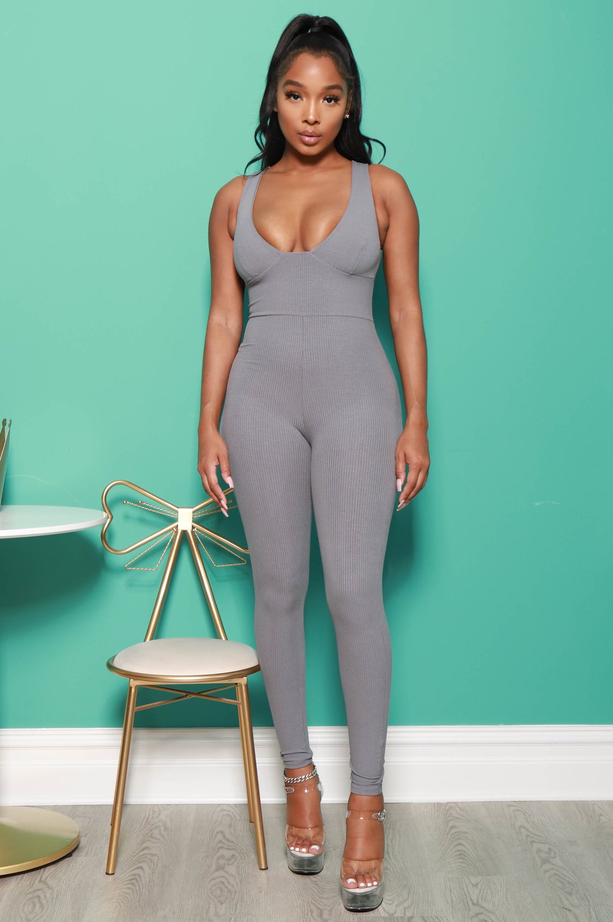 Point of View Ribbed Jumpsuit - Grey - Swank A Posh