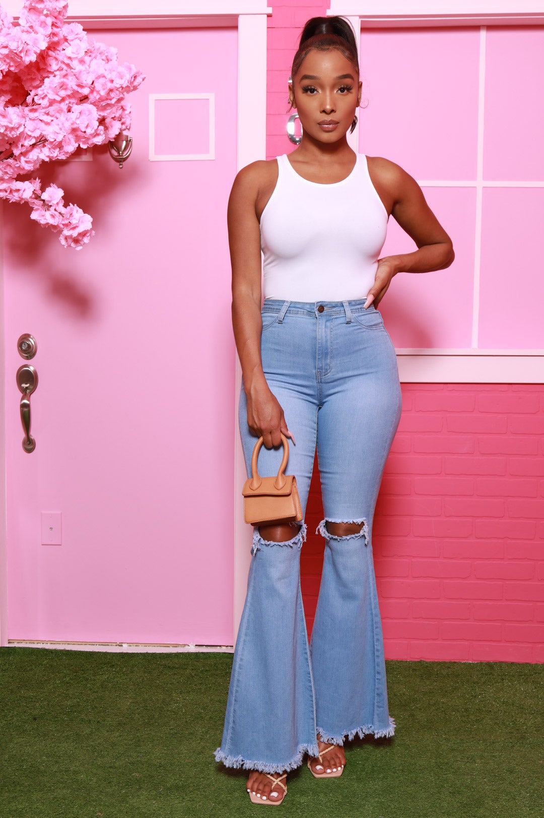 Frontline High Rise Frayed Bell Bottom Jeans - Light Wash - Swank A Posh