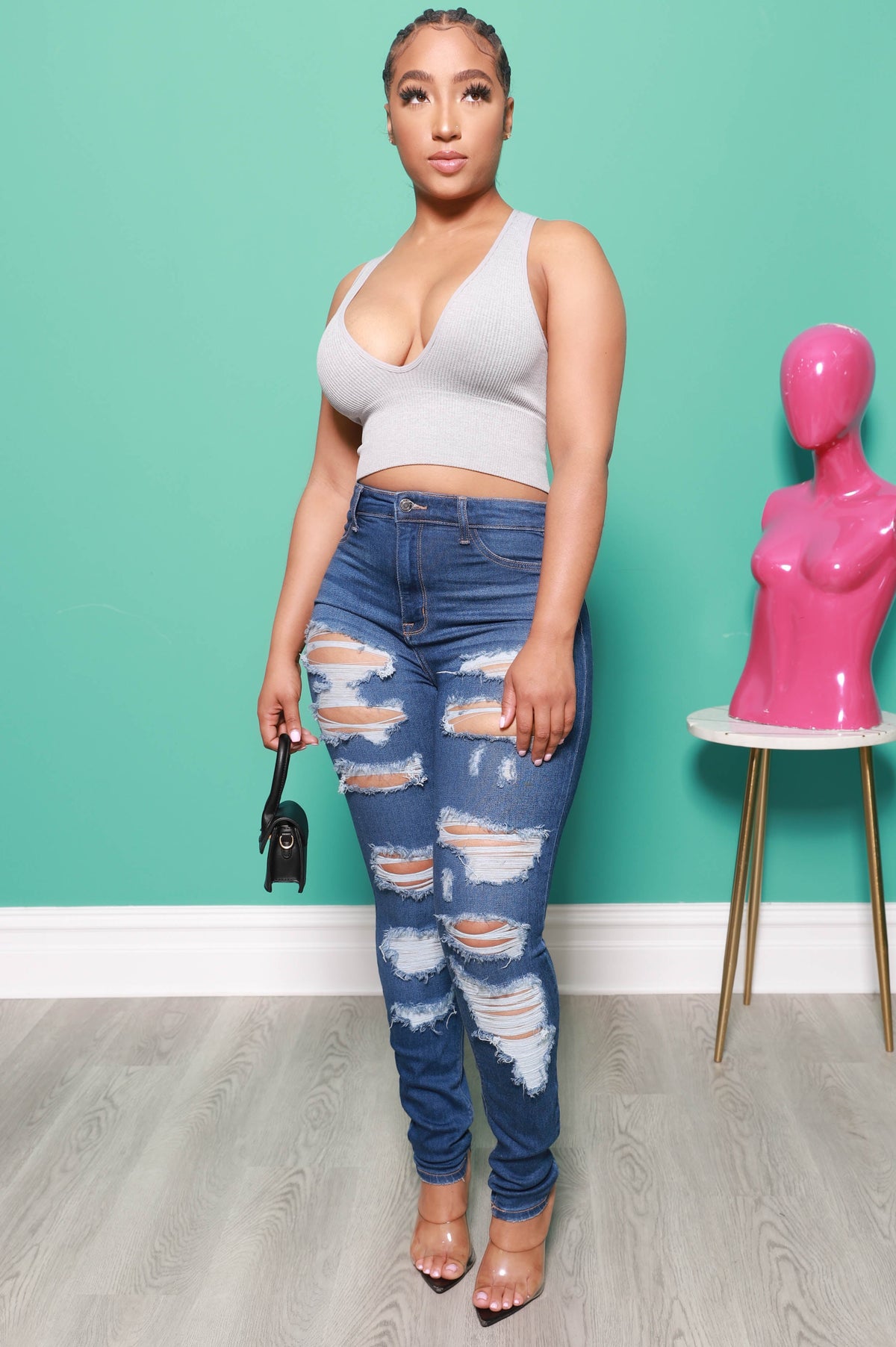 Low Down Ribbed Crop Tank - Heather Grey - Swank A Posh