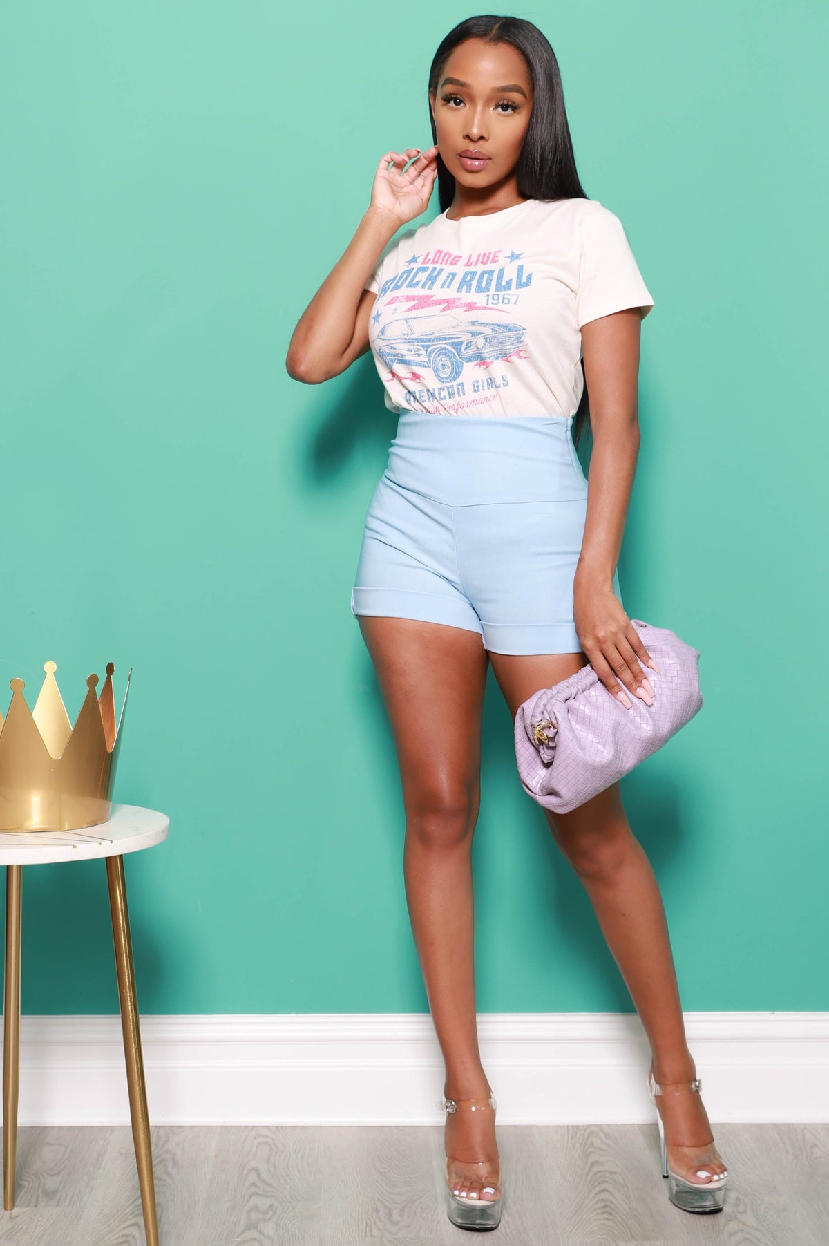 High Hopes High Waist Cuffed Shorts - Blue - Swank A Posh