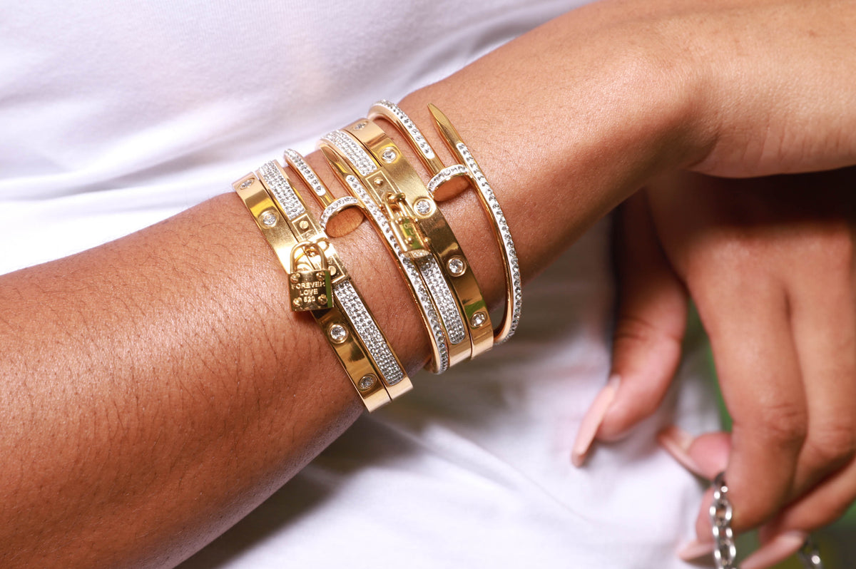 Spiked Rhinestone Embellished Nail Cuff Bracelet - Gold - Swank A Posh