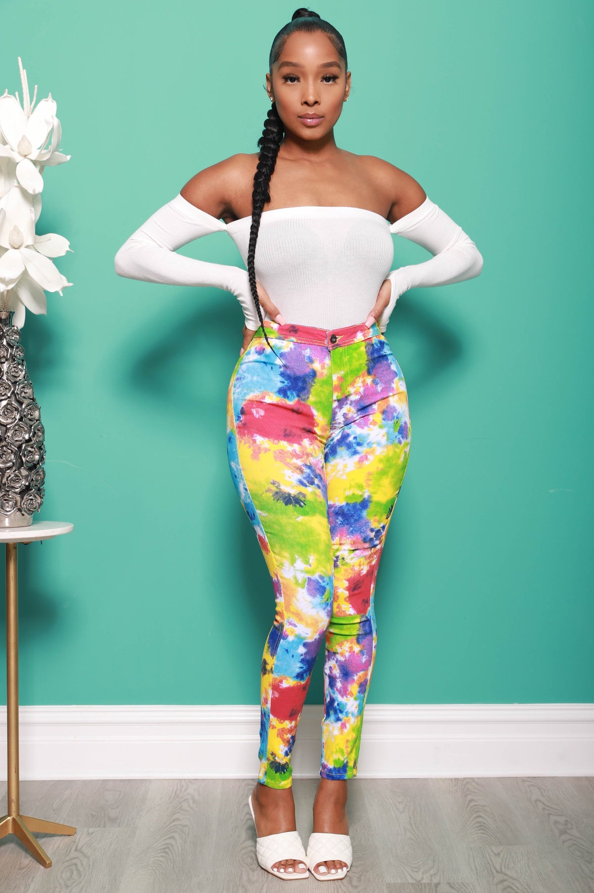 Reaction Tie Dye High Rise Stretchy Skinny Jeans - Rainbow - Swank A Posh