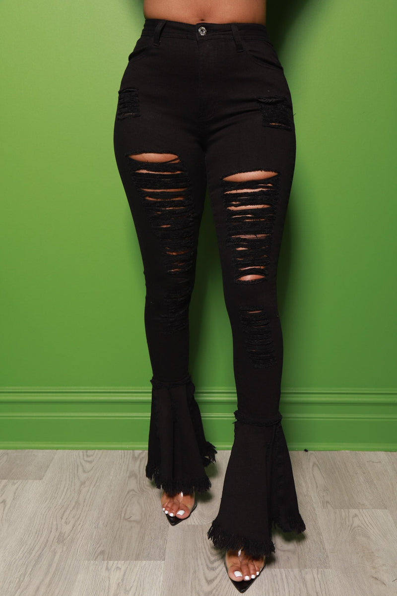 Cutting Corners Distressed Flare Jeans - Black