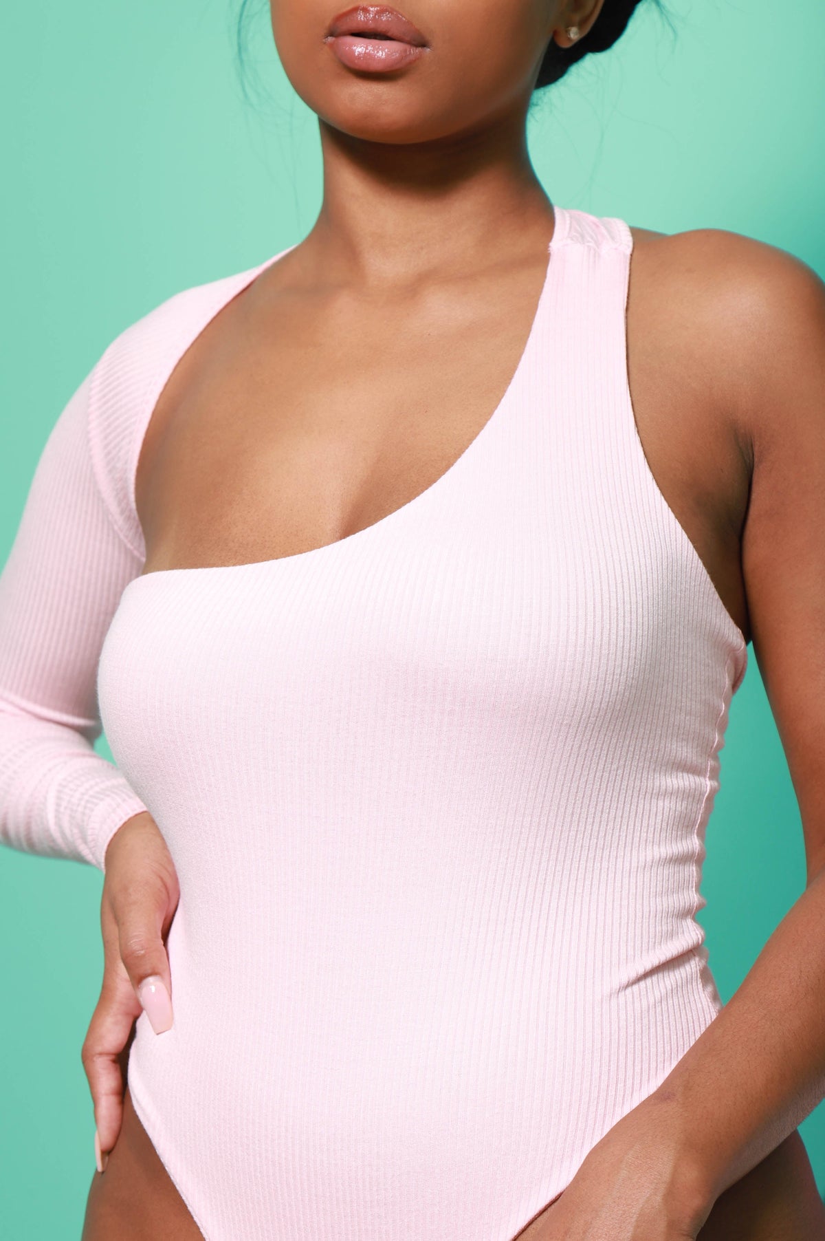 Abby One Shoulder Bodysuit - Pink - Swank A Posh