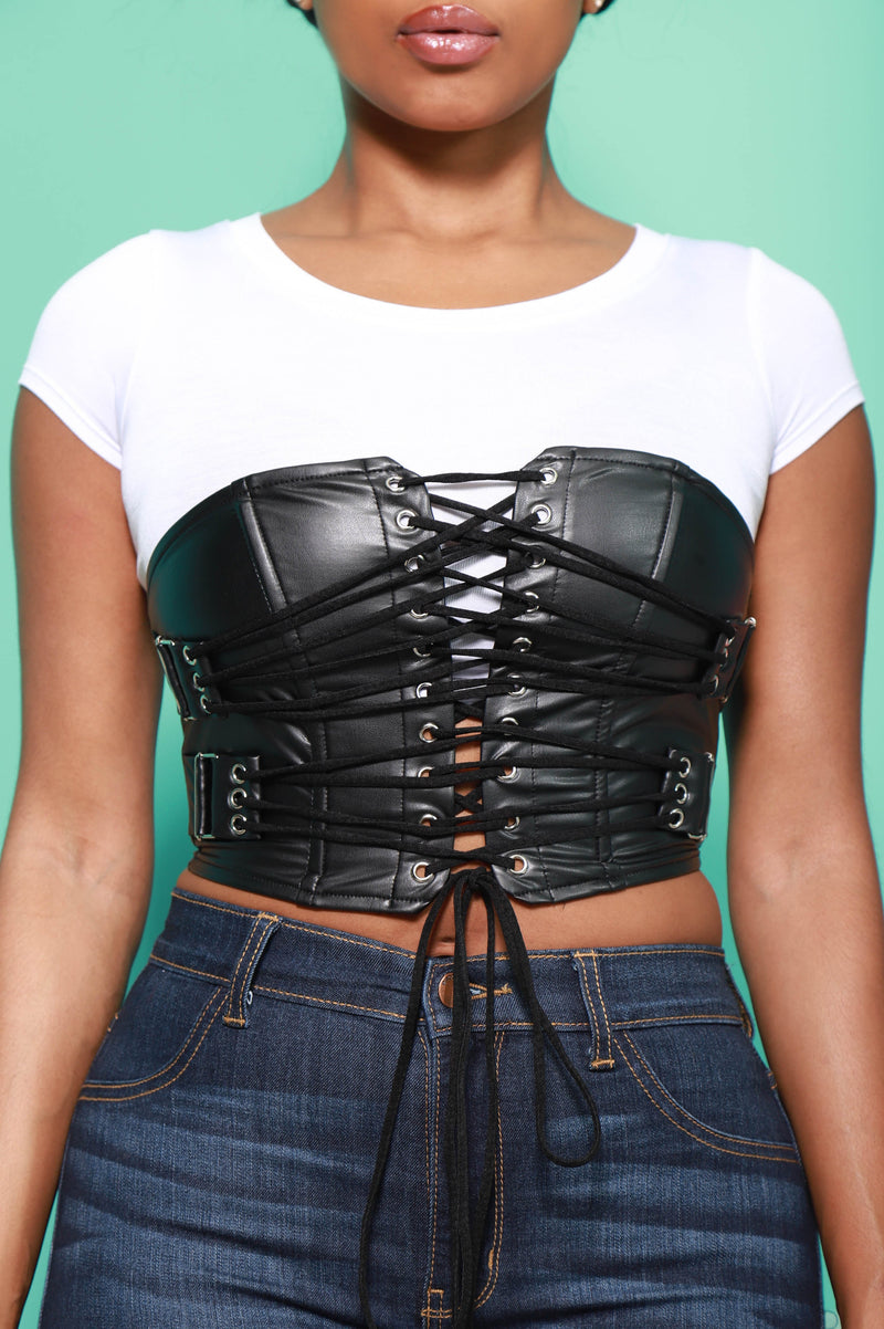 Dominate Faux Leather Strapless Crop Top - Black