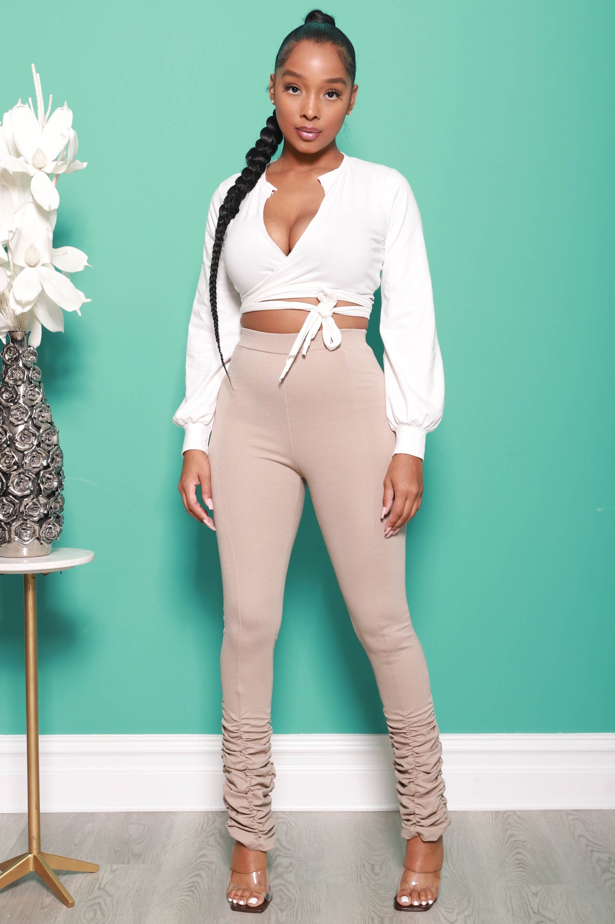 Careless High Rise Scrunched Pants - Nude - Swank A Posh