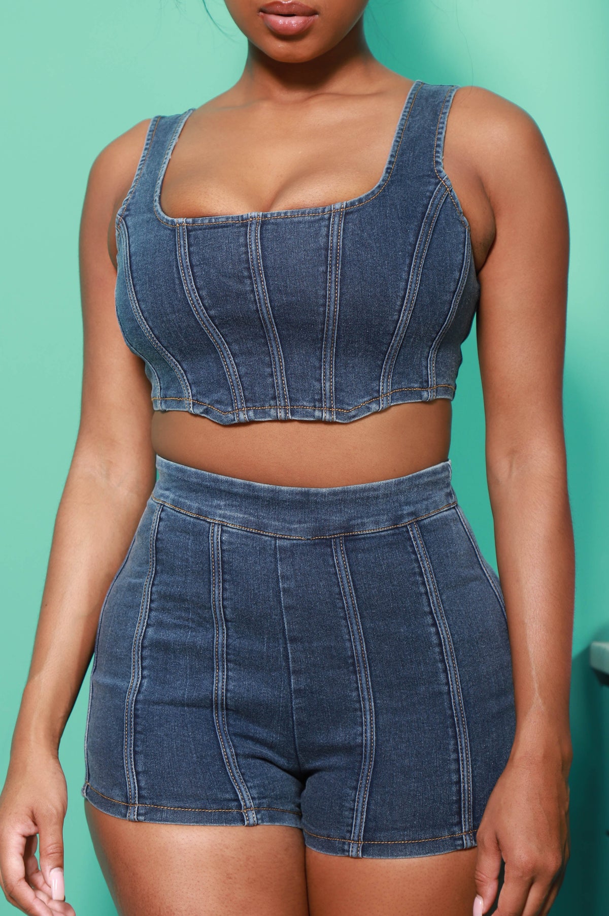 No Invite Denim Crop Top Set - Dark Wash - Swank A Posh