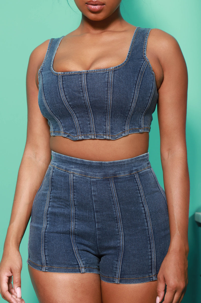 No Invite Denim Crop Top Set - Dark Wash