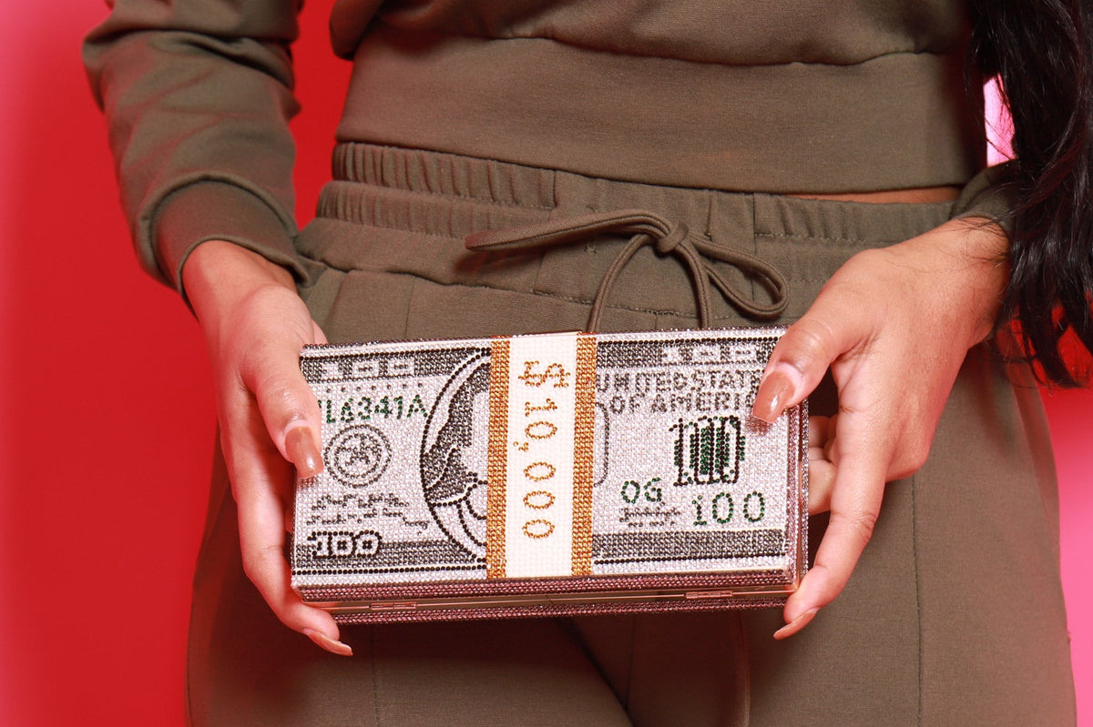 Currency Rhinestone Clutch Shoulder Bag - Silver - Swank A Posh