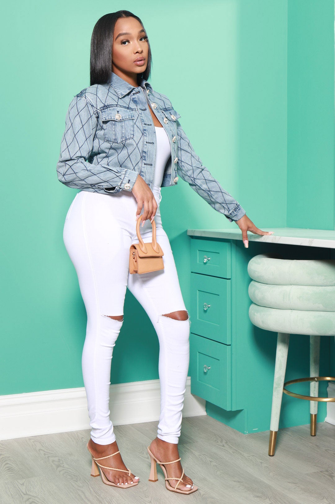 Sidebar Knee Slit High Rise Jeans - White - Swank A Posh