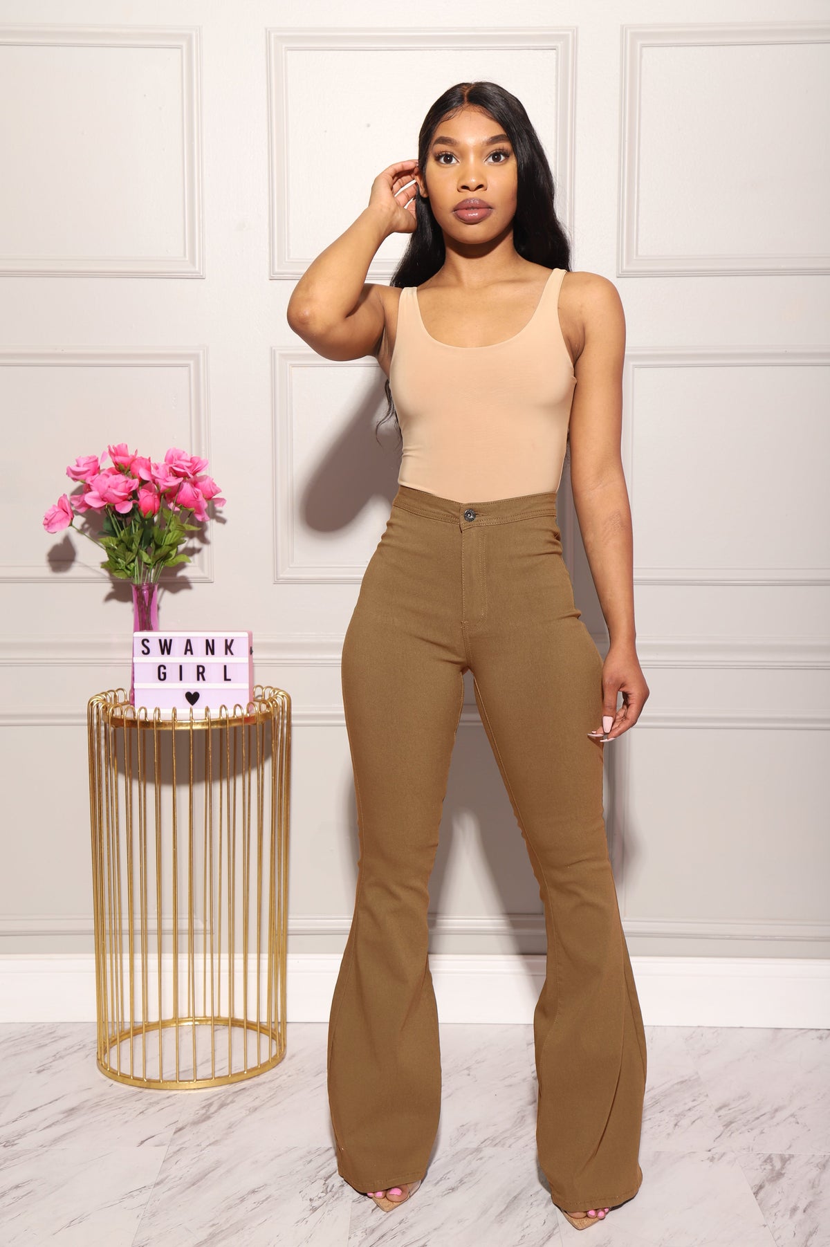 Major High Rise Flare Stretchy Jeans - Mocha - Swank A Posh