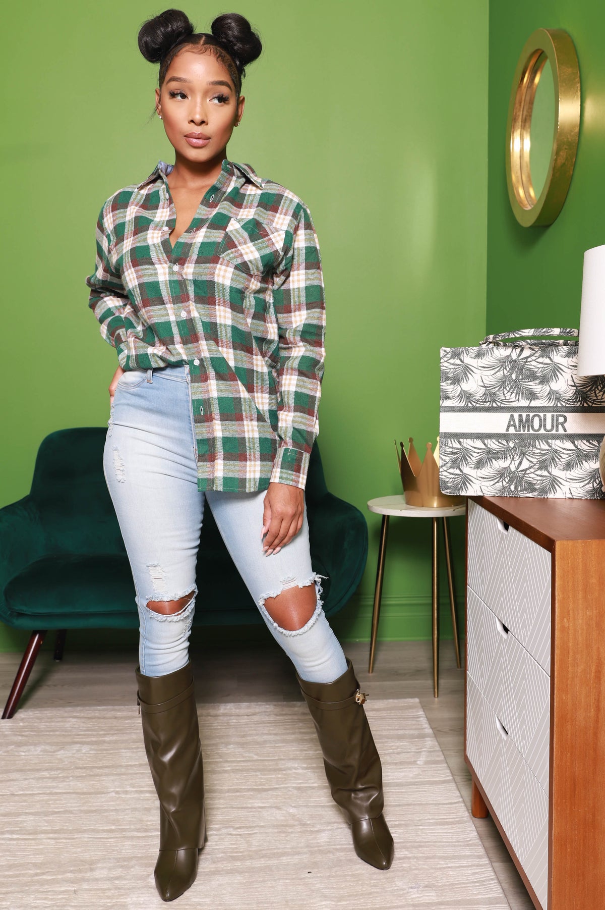 Push Your Buttons Oversized Flannel - Green - Swank A Posh