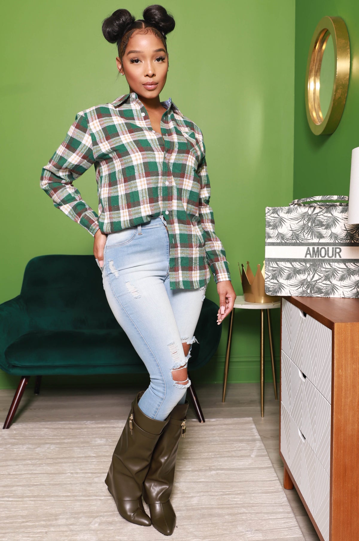 Push Your Buttons Oversized Flannel - Green - Swank A Posh