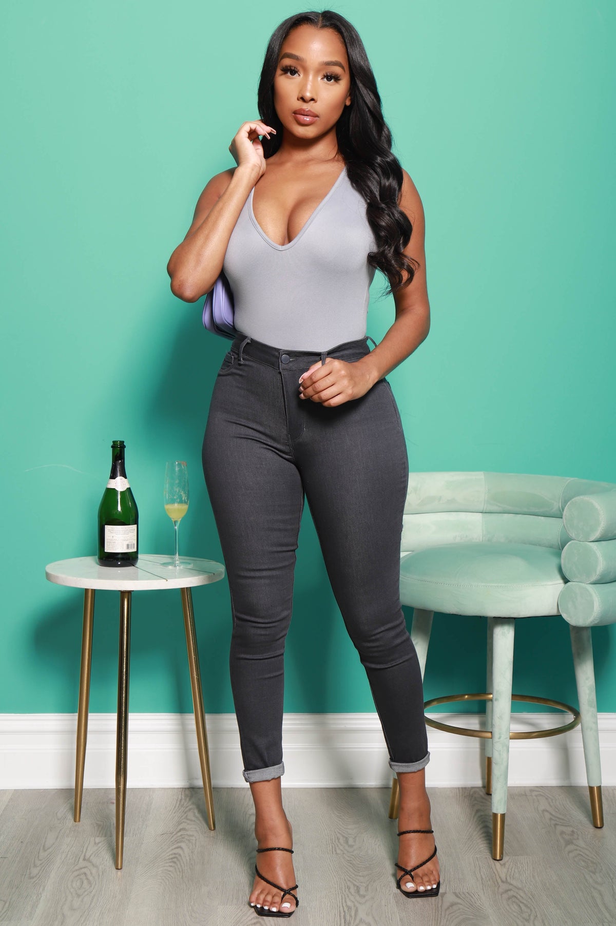 Between Us V-Neck Bodysuit - Light Grey - Swank A Posh