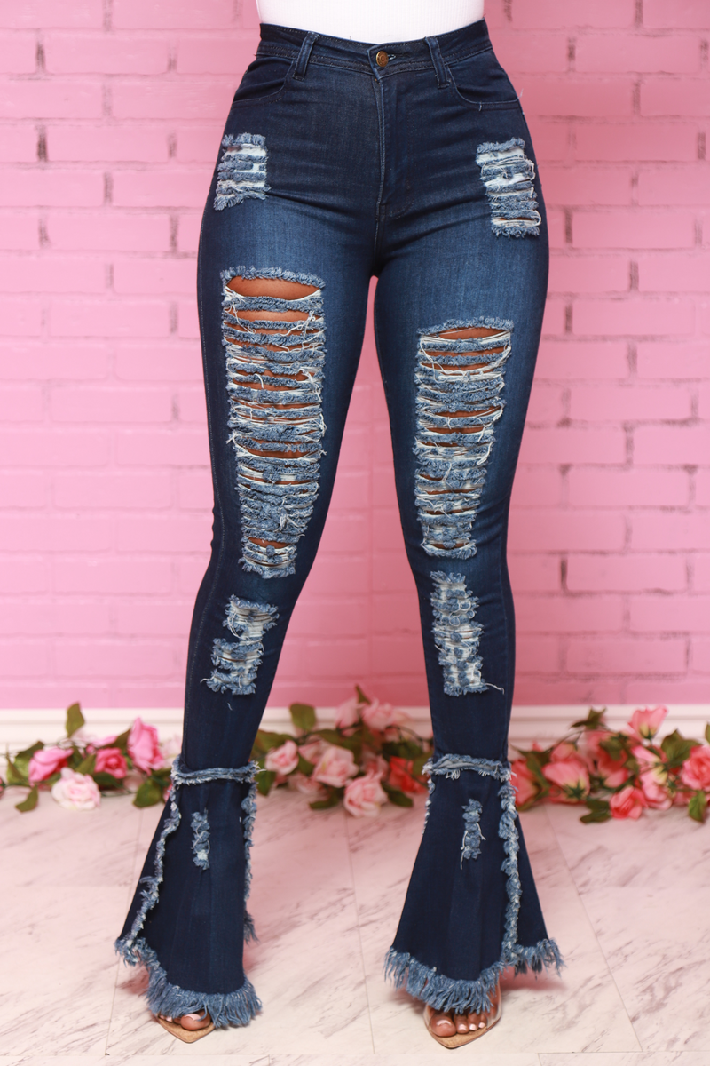 Cutting Corners Distressed Flare Jeans - Dark Wash
