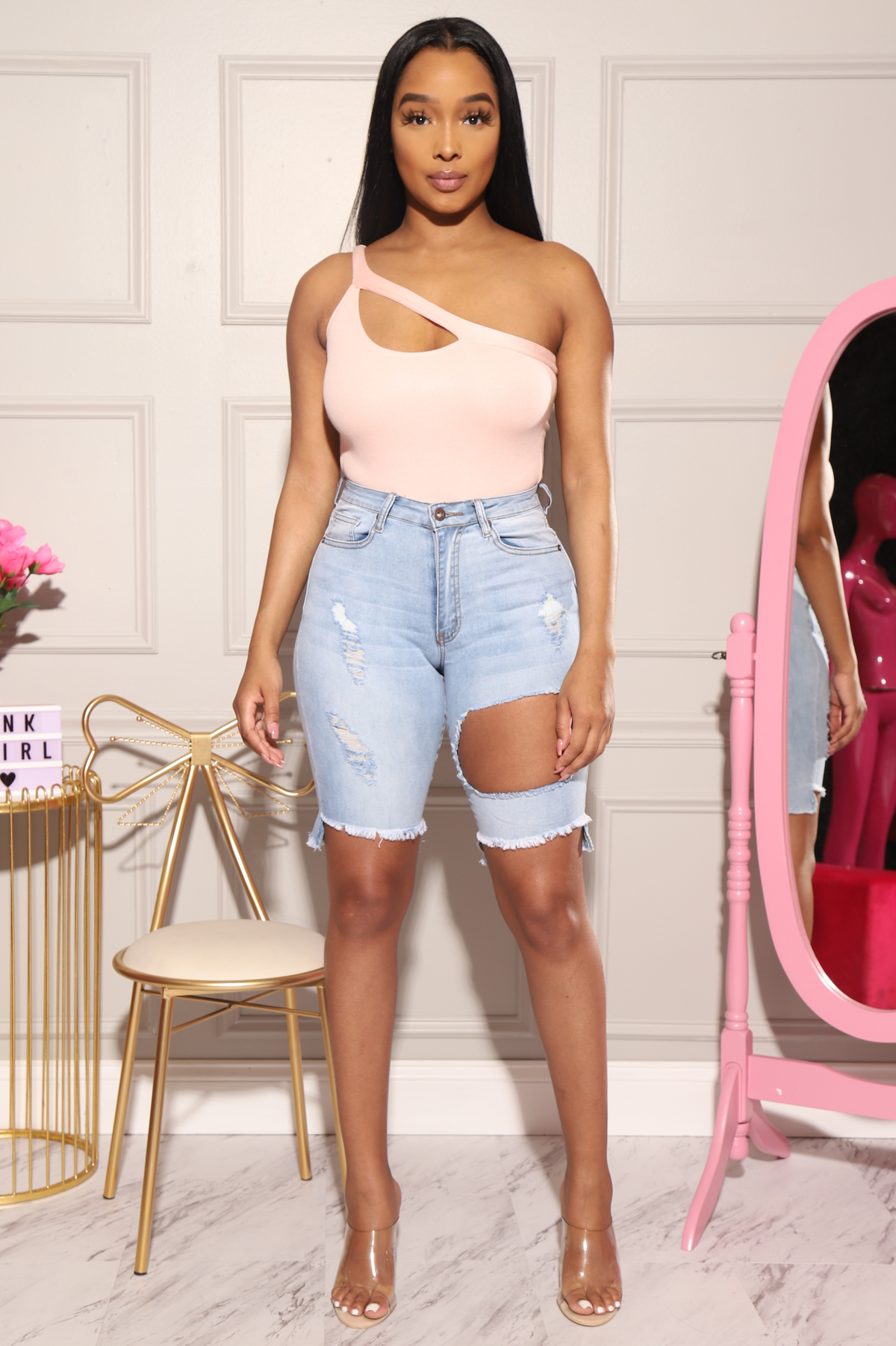 Raw Distressed Bermuda Jean Shorts - Light Wash - Swank A Posh