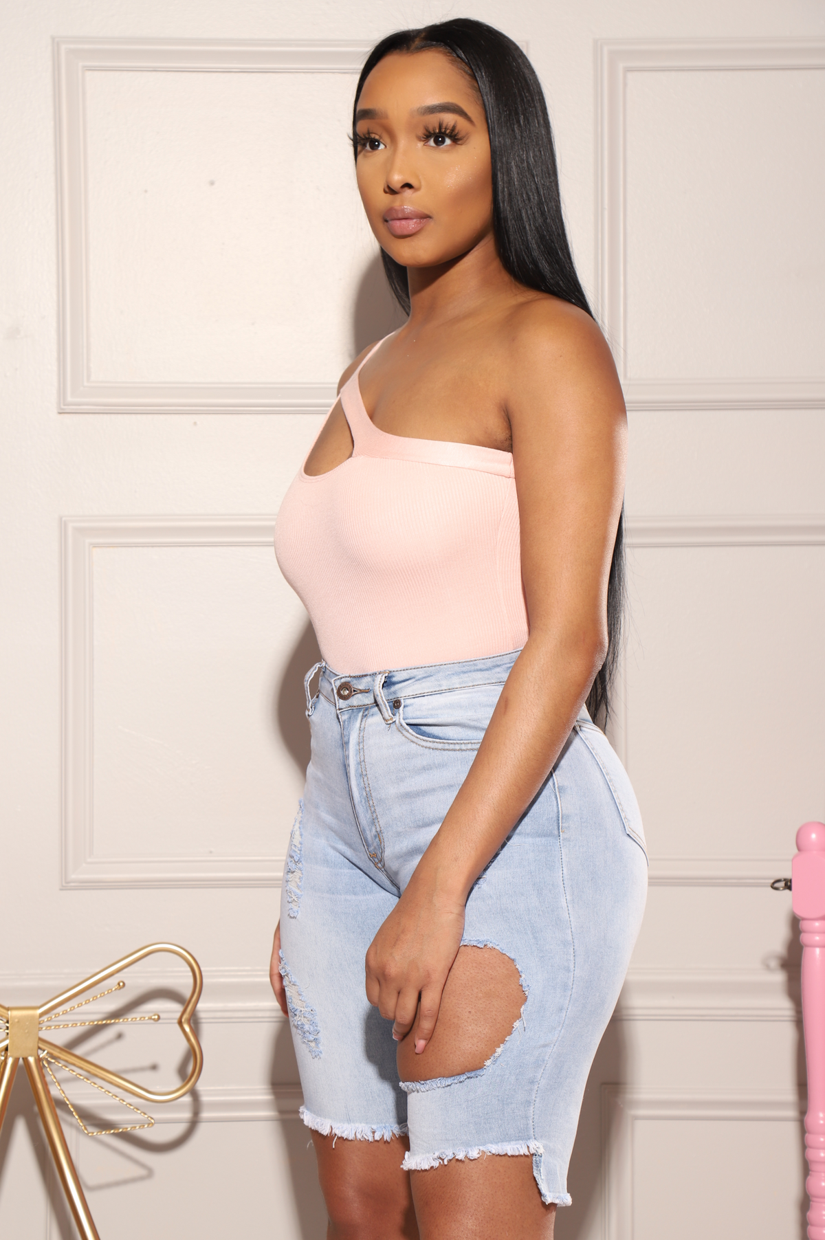 Raw Distressed Bermuda Jean Shorts - Light Wash - Swank A Posh