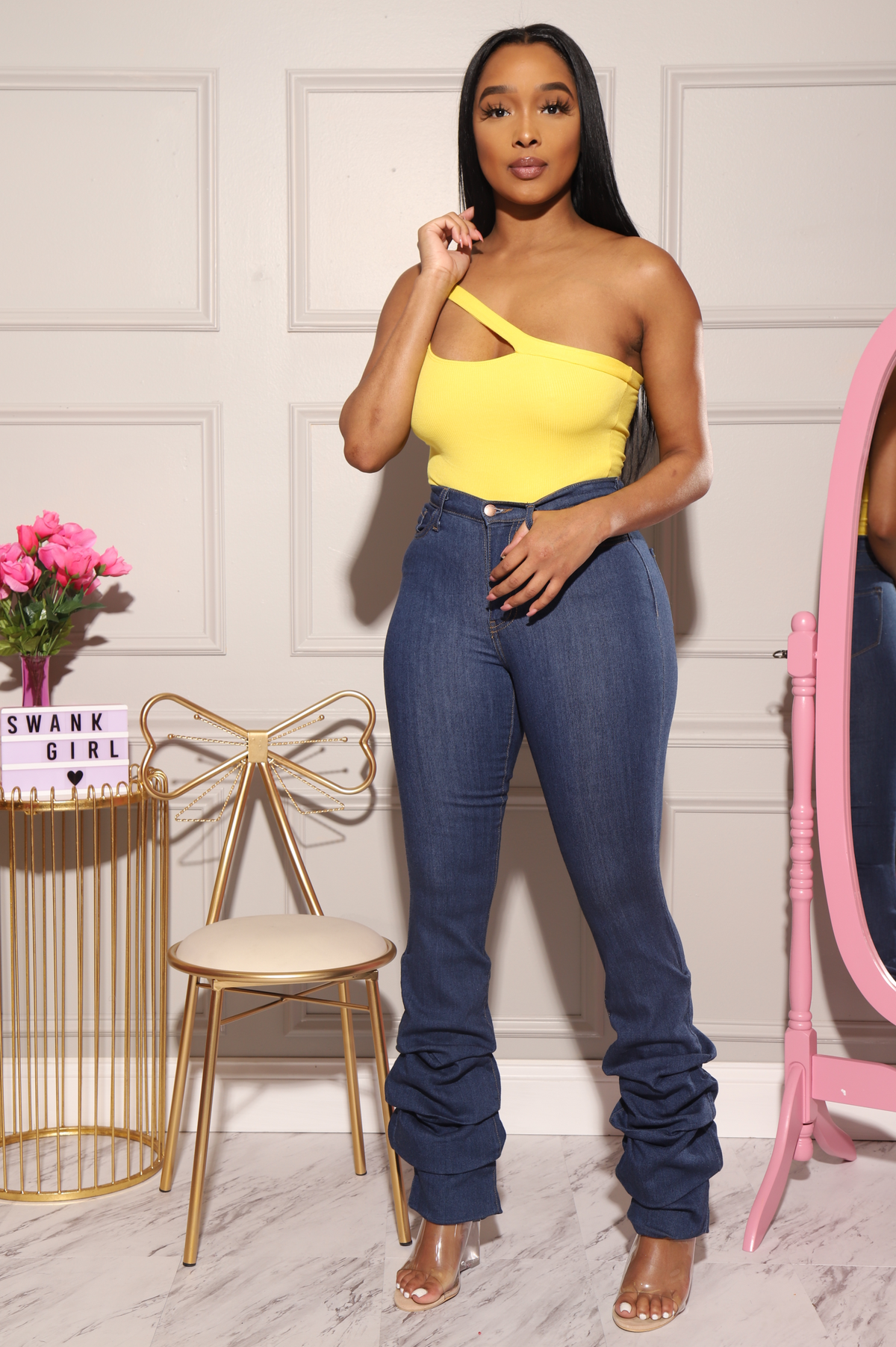 Rush High Waist Scrunched Jeans - Mid Wash - Swank A Posh