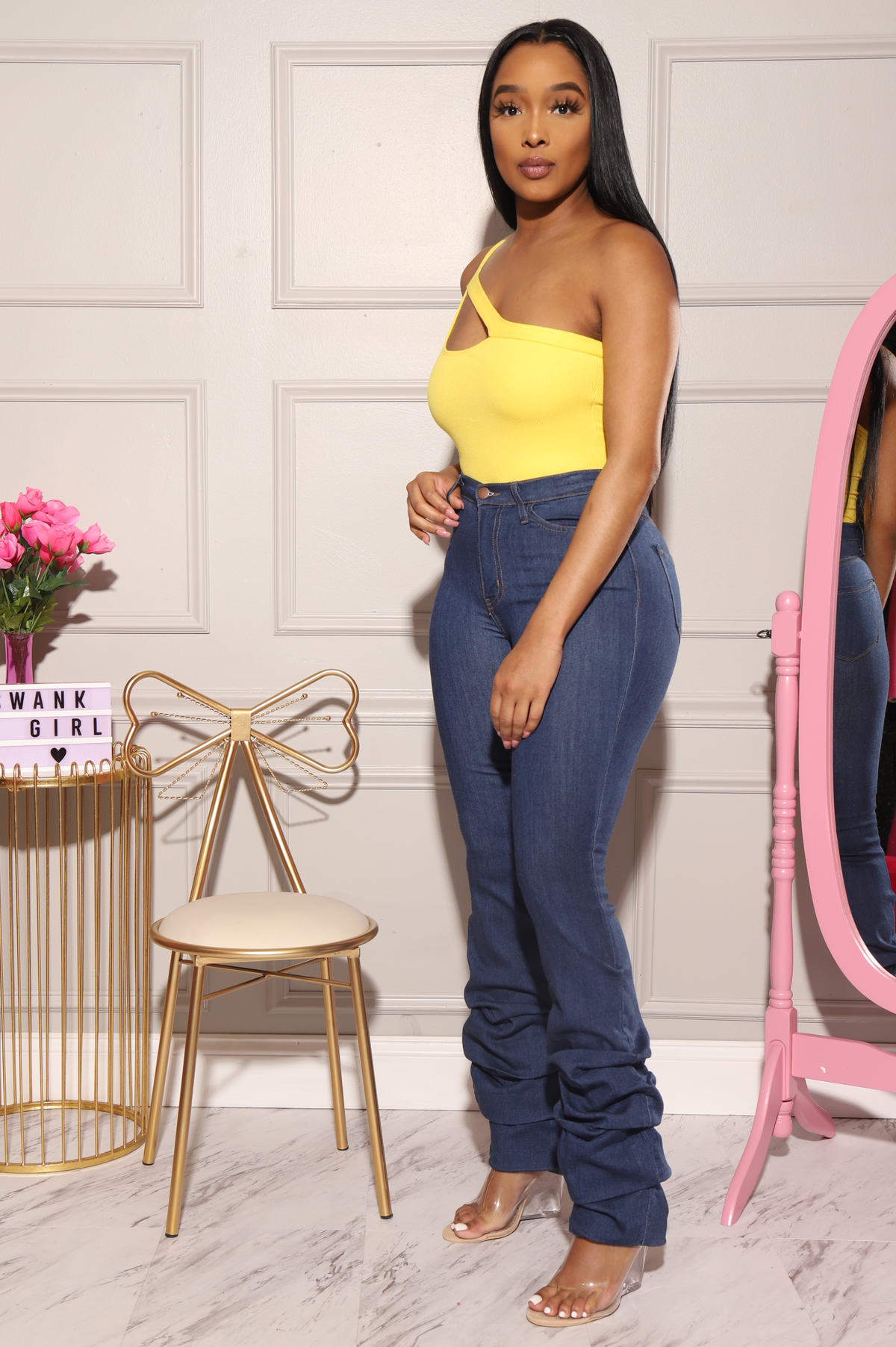 Rush High Waist Scrunched Jeans - Mid Wash - Swank A Posh