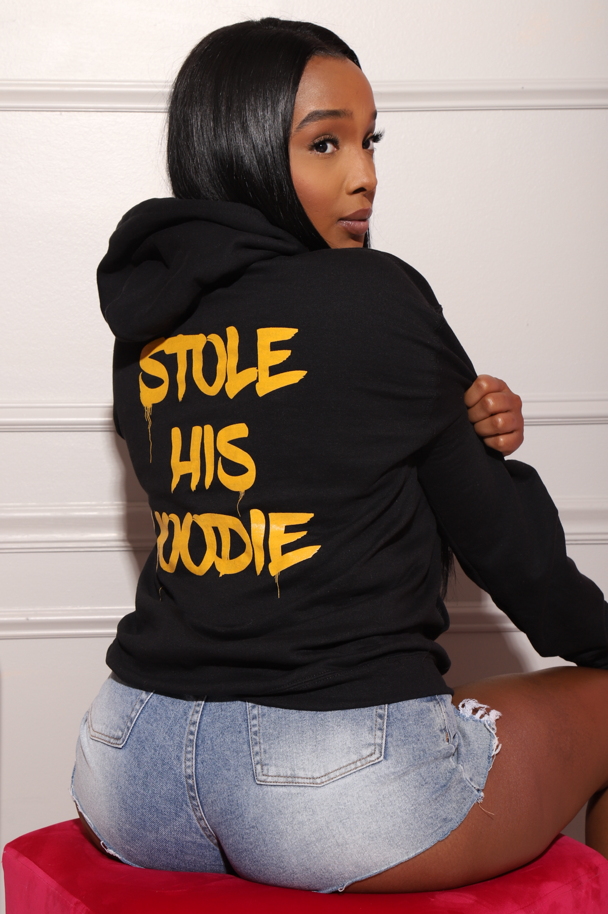 Stole His Hoodie Graphic Sweatshirt - Black/Orange - Swank A Posh