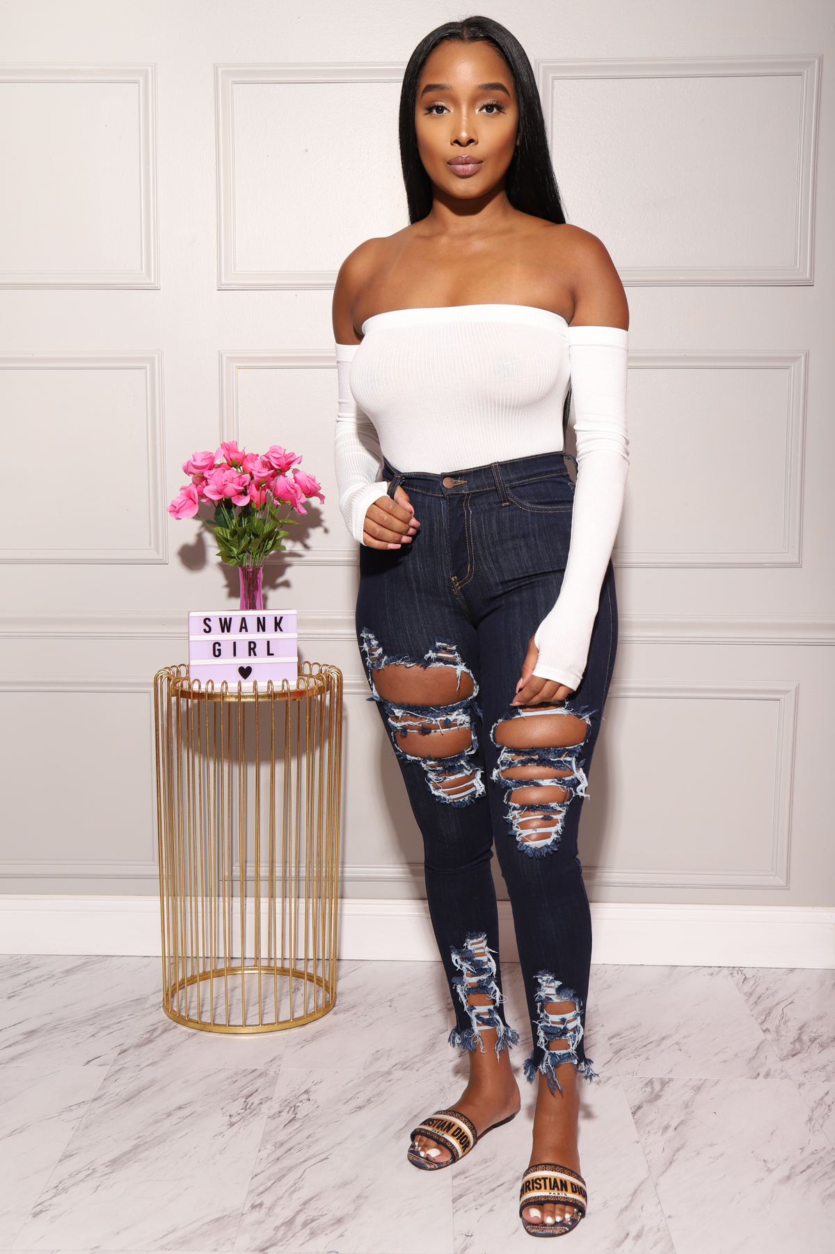 Witness Distressed High Rise Jeans - Dark Wash - Swank A Posh