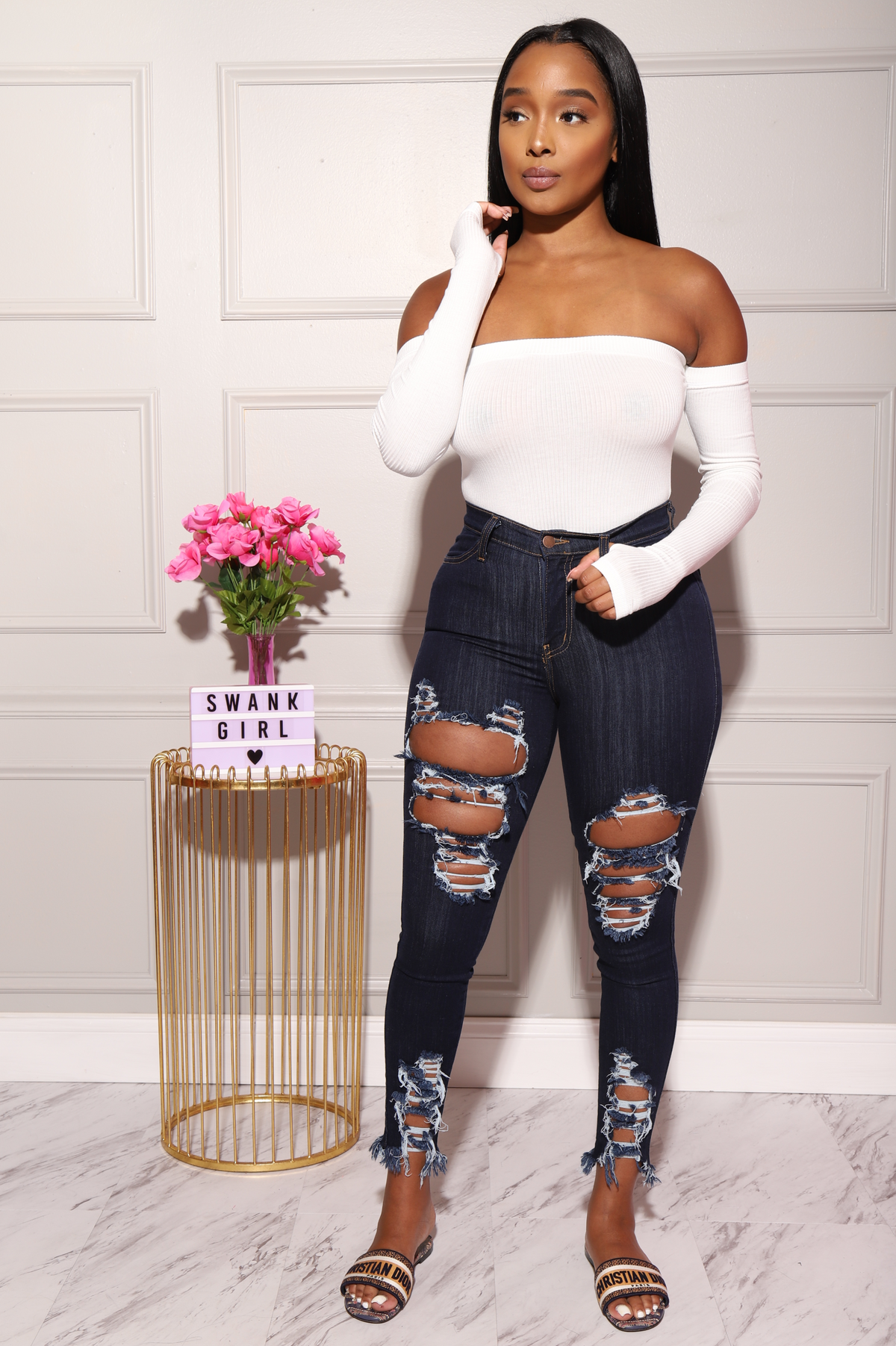 Witness Distressed High Rise Jeans - Dark Wash - Swank A Posh