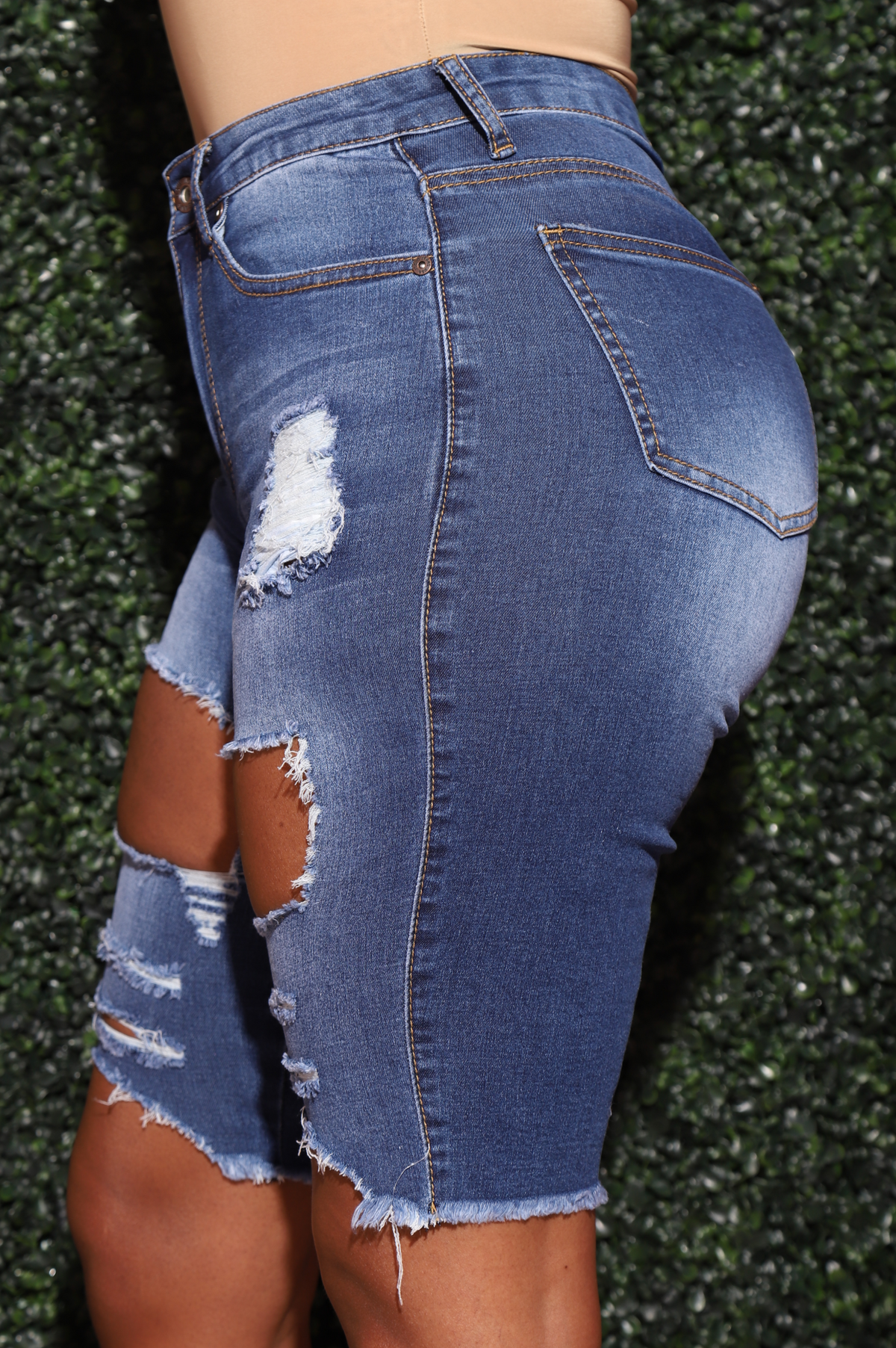 Touch Distressed Bermuda Jean Shorts - Dark Wash - Swank A Posh