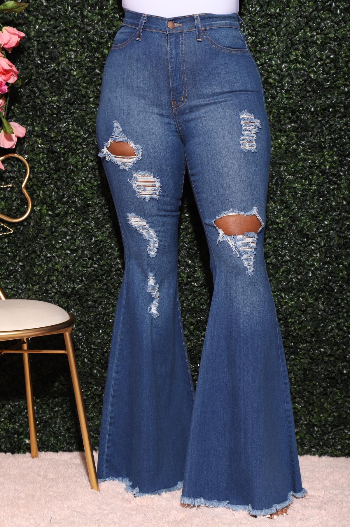 Poster Distressed High Rise Flare Jeans - Mid Wash - Swank A Posh