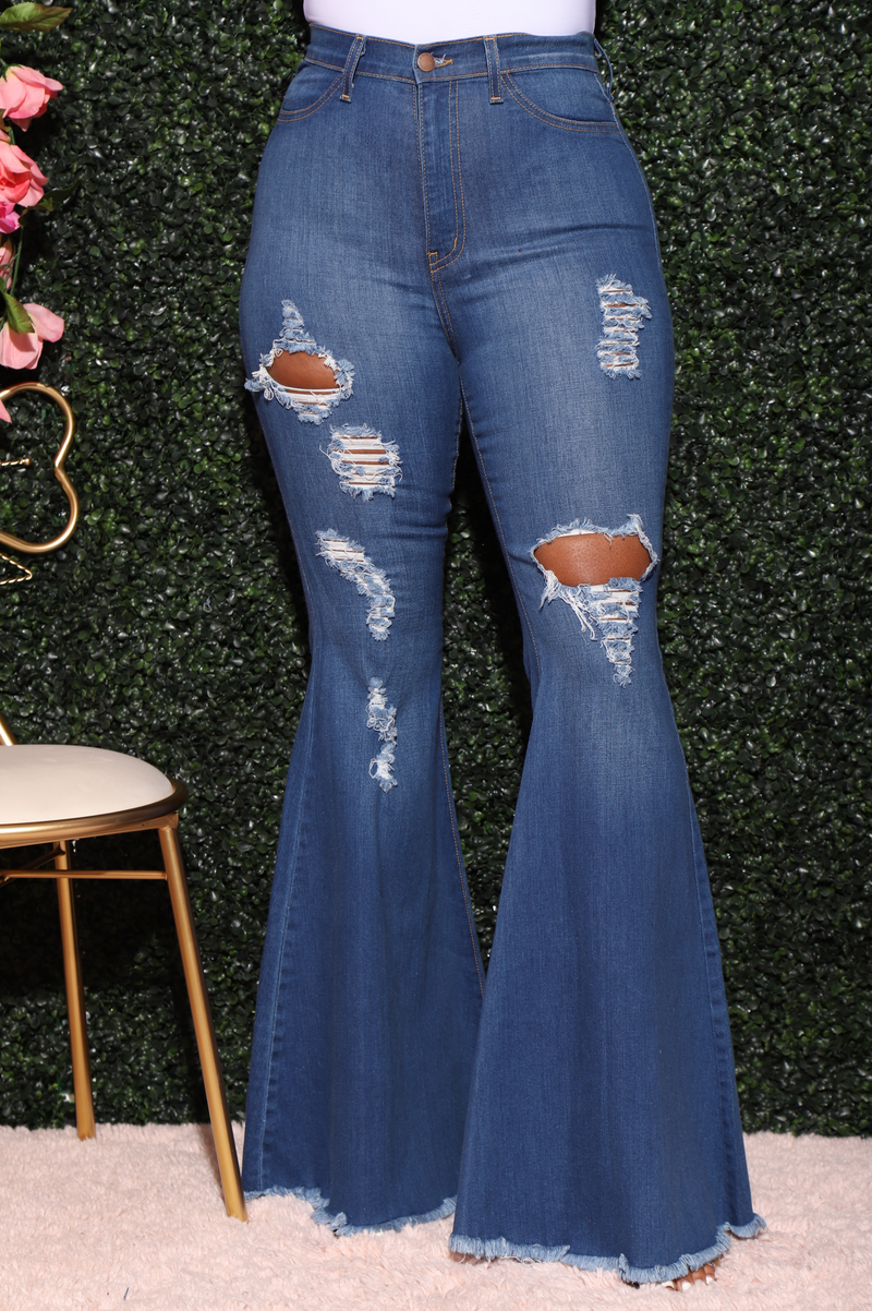 Poster Distressed High Rise Flare Jeans - Mid Wash