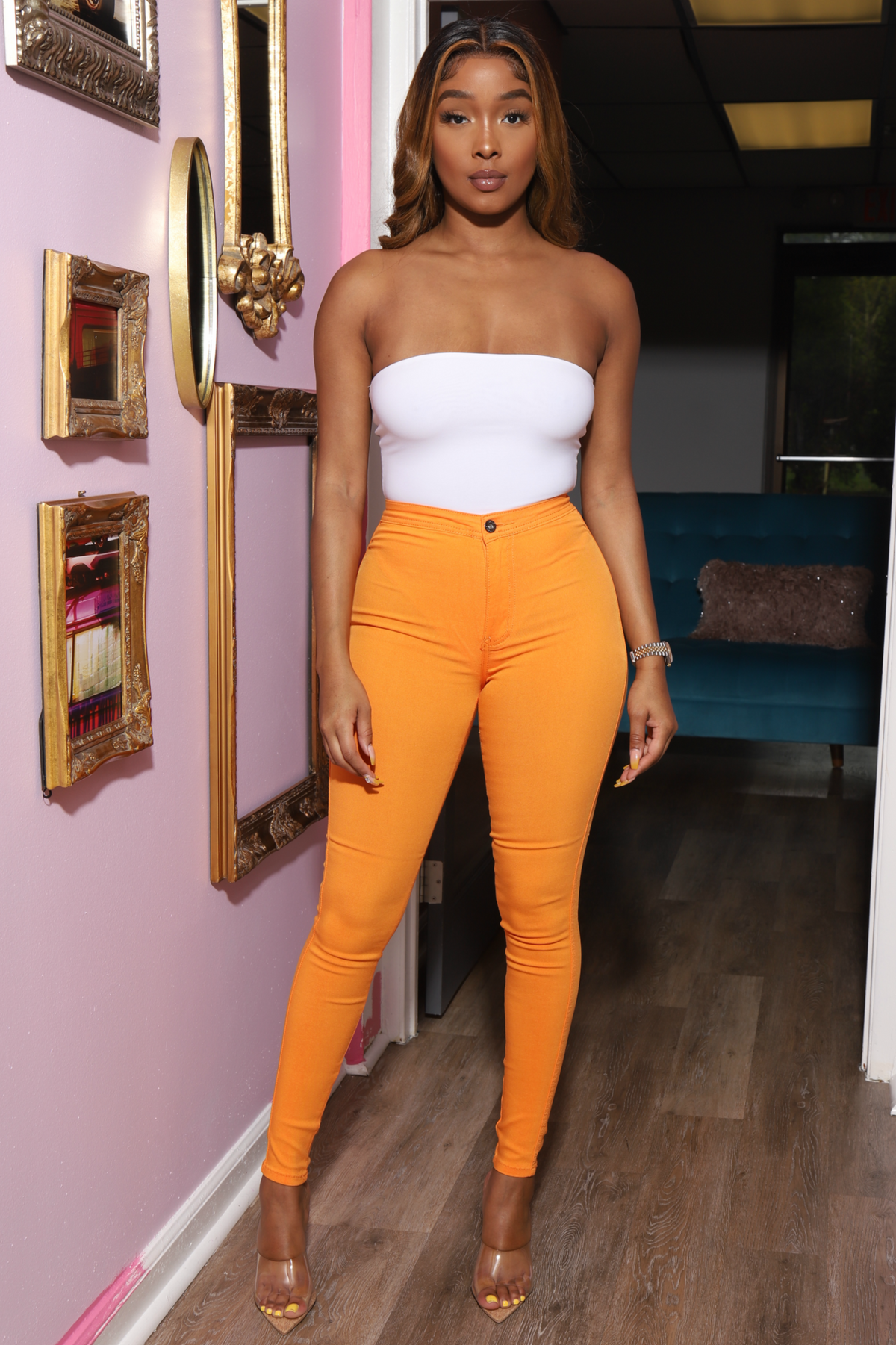 SuperGa High Waist Stretchy Jeans - Orange - Swank A Posh