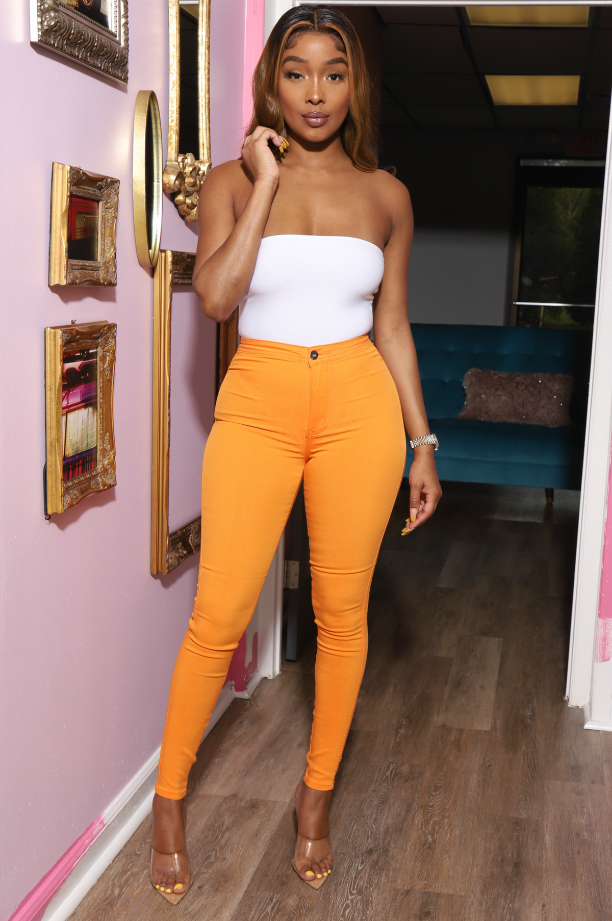 SuperGa High Waist Stretchy Jeans - Orange - Swank A Posh