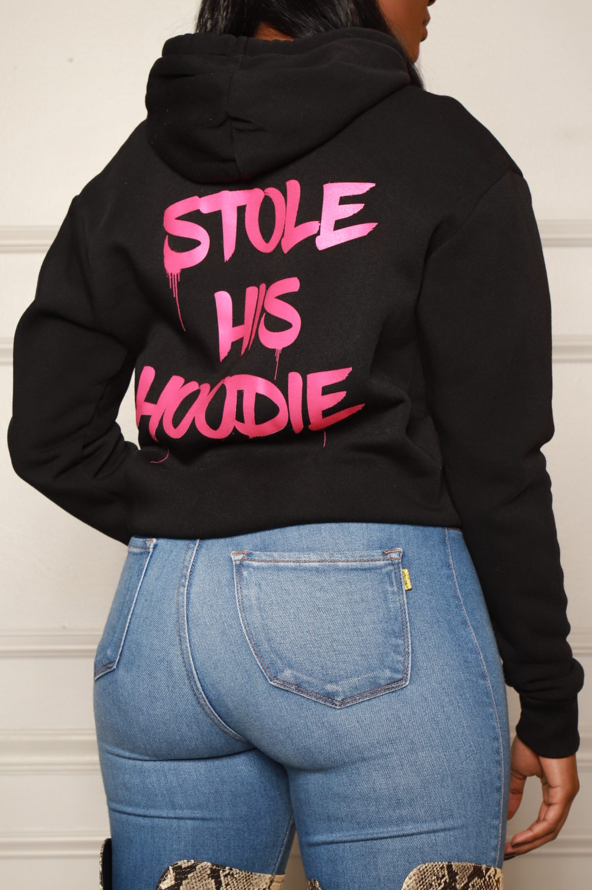 Stole His Hoodie Graphic Sweatshirt - Black/Pink - Swank A Posh