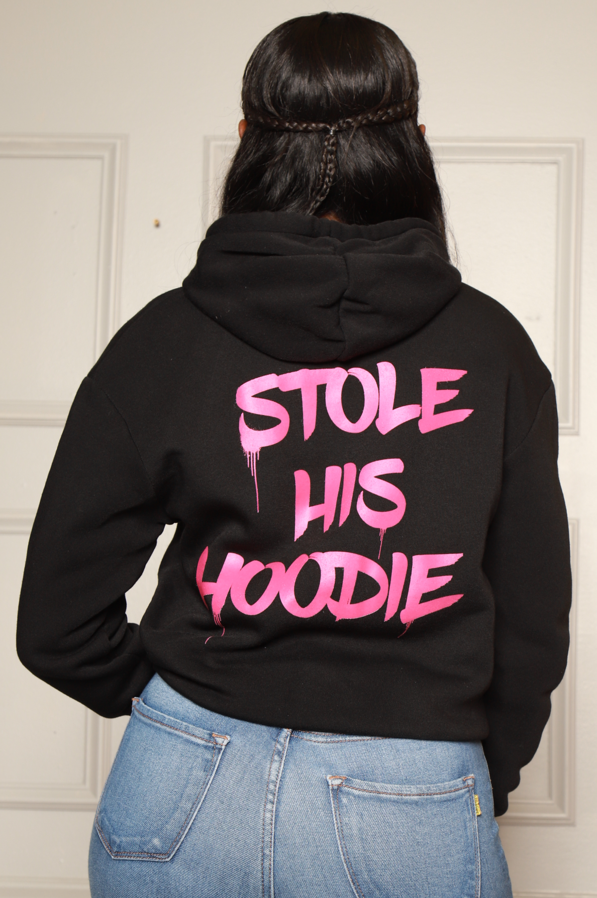 Stole His Hoodie Graphic Sweatshirt - Black/Pink - Swank A Posh