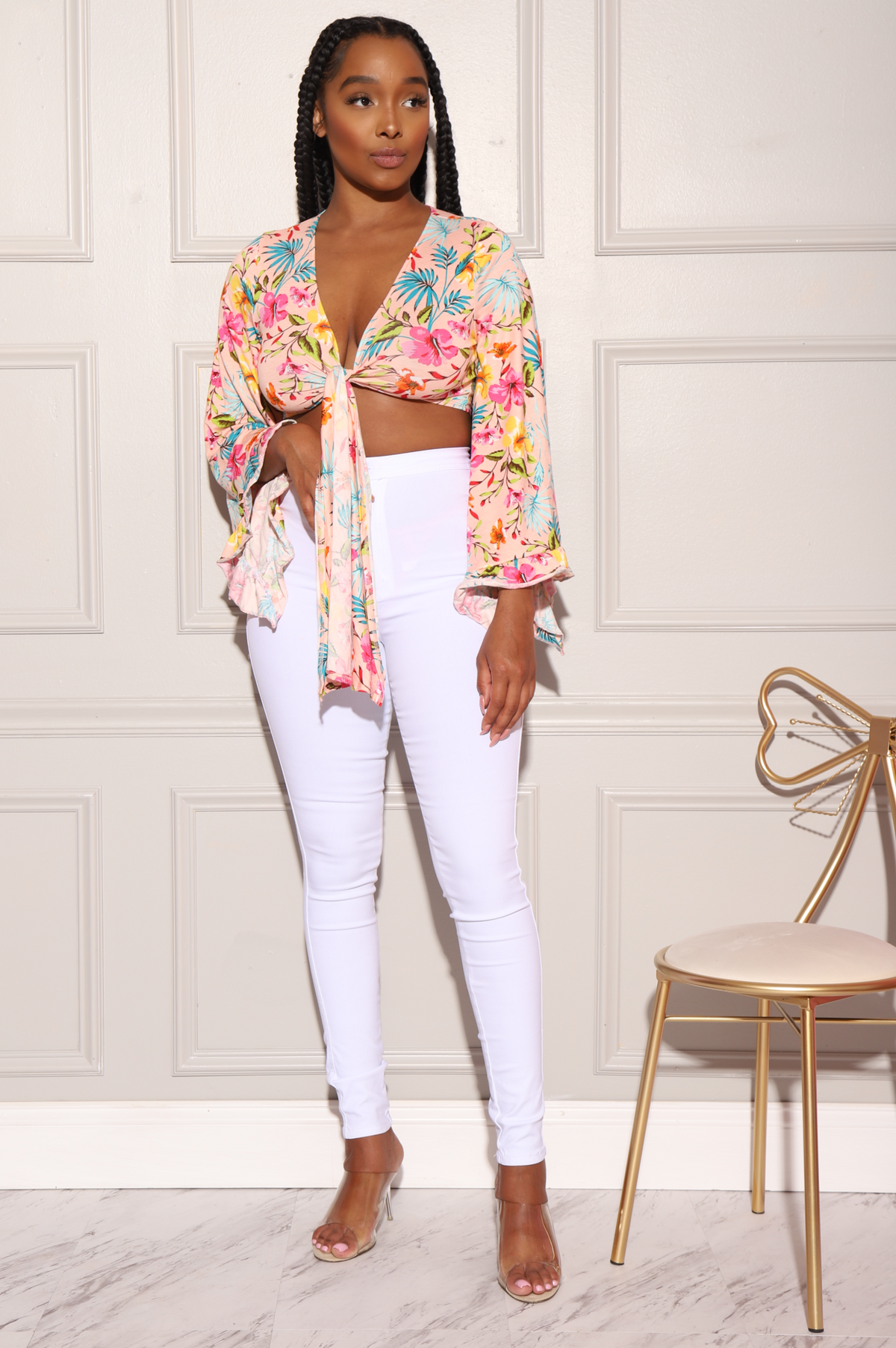 Spring Floral Bell Sleeve Crop - Blush - Swank A Posh