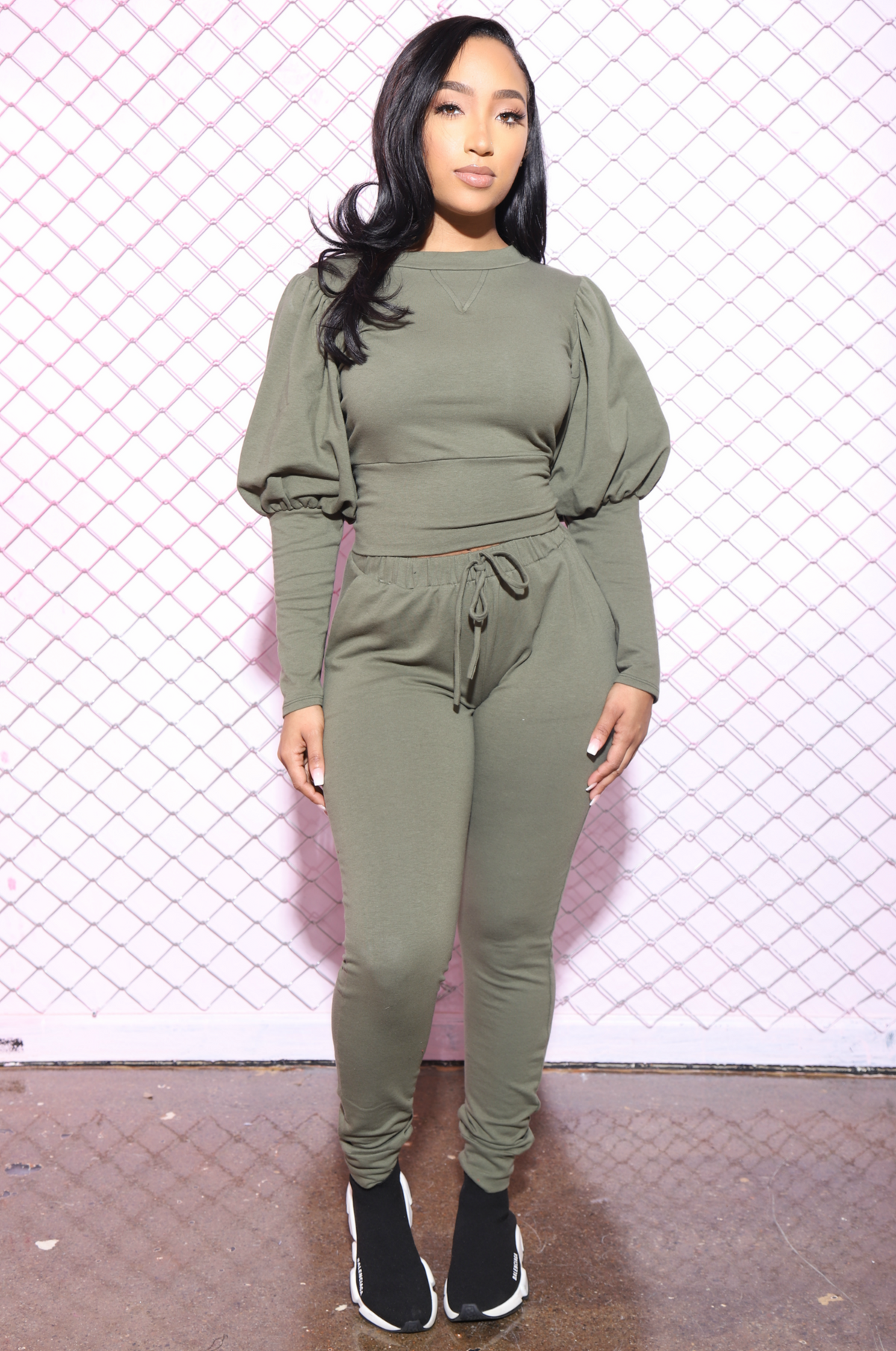 Diary Power Sleeve Jogger Set - Olive - Swank A Posh