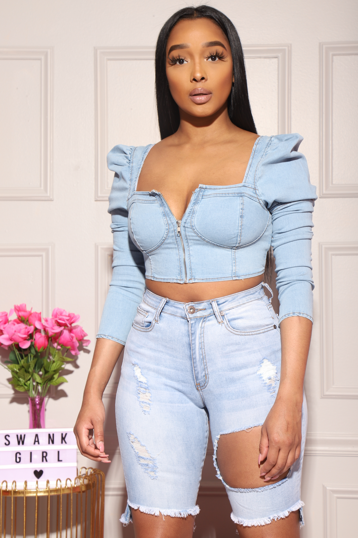 Raw Distressed Bermuda Jean Shorts - Light Wash - Swank A Posh