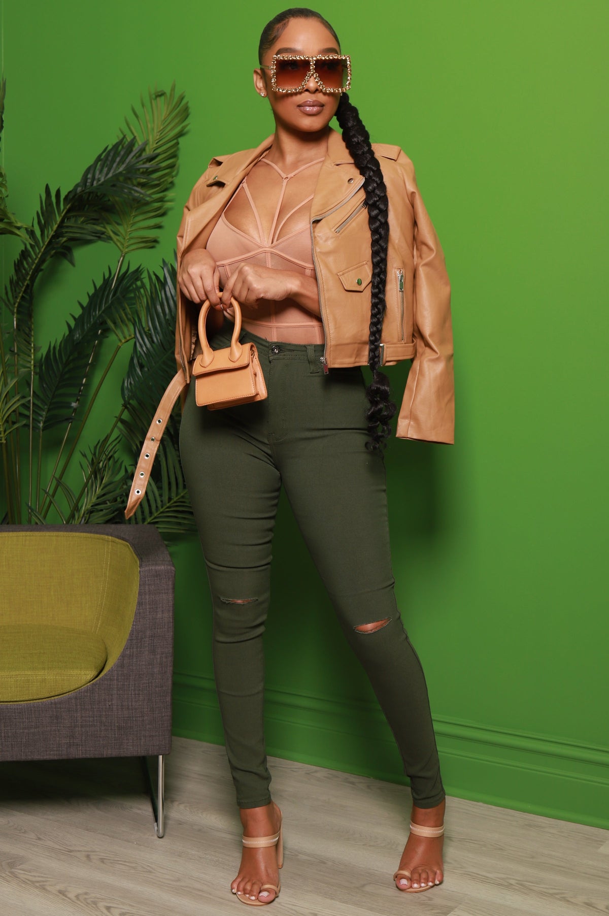 Sidebar Knee Slit High Rise Jeans - Olive - Swank A Posh