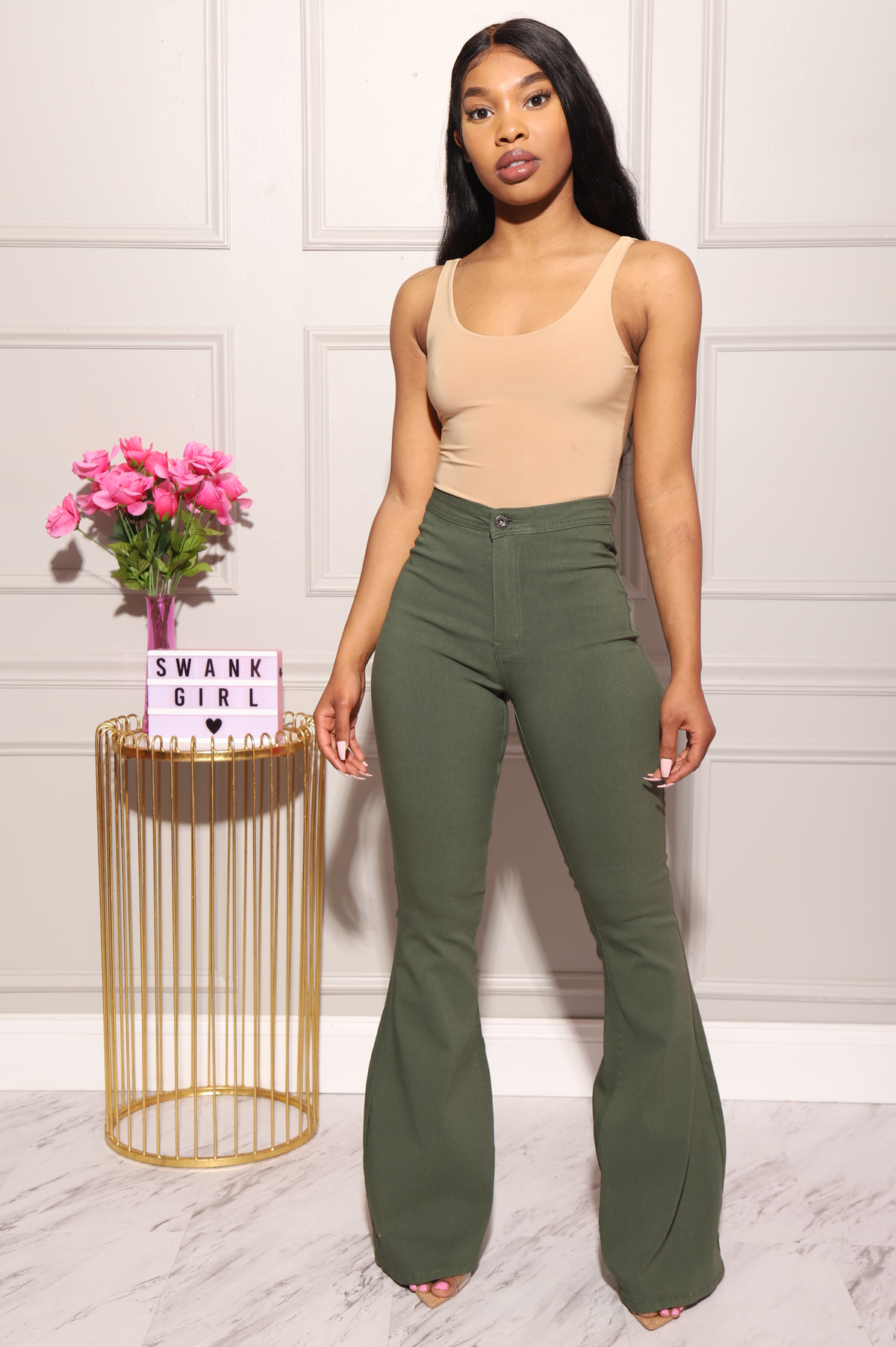 Major High Rise Flare Stretchy Jeans - Olive - Swank A Posh